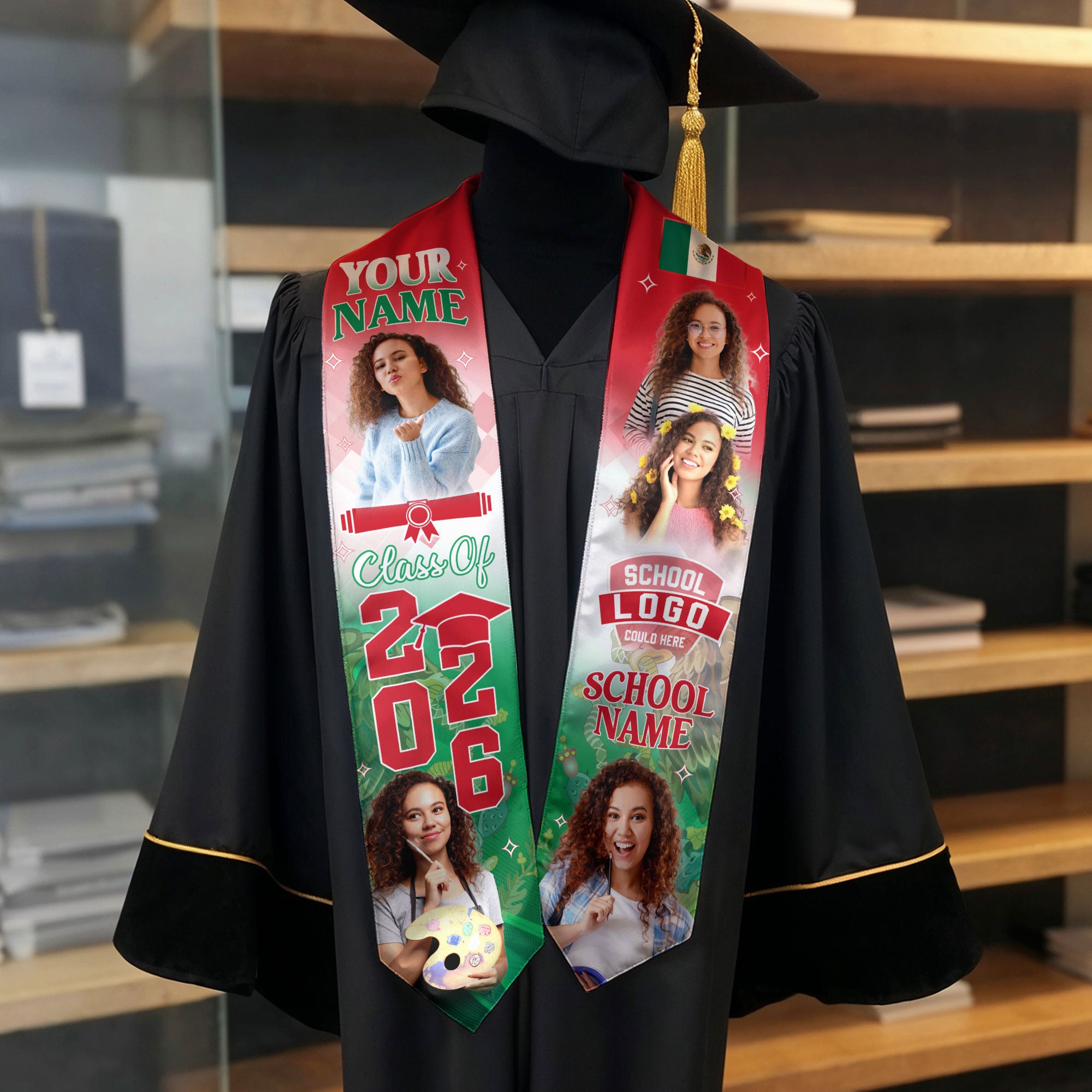 2026 Mexican Flag Graduation Sash, Mexico Stole for Grads, Tailored Finish Detail