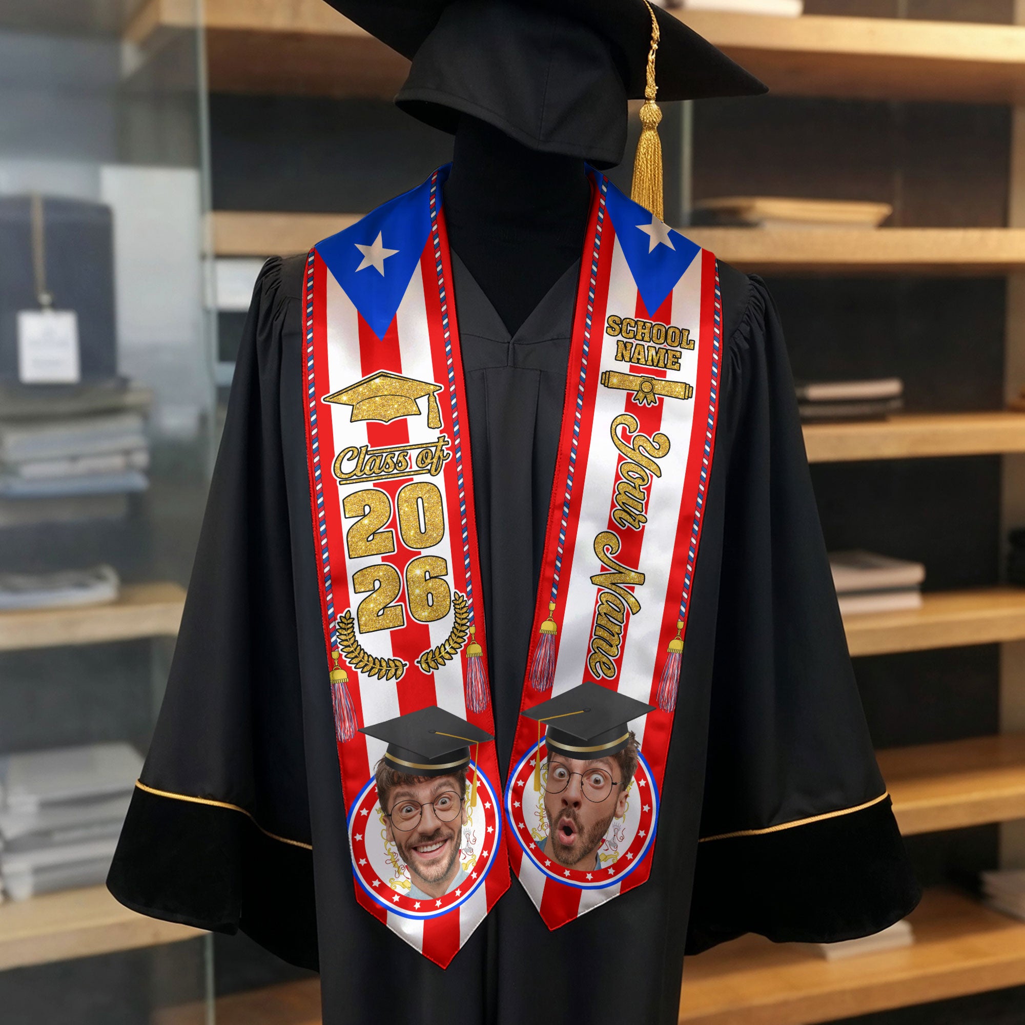 Puerto Rican Graduation Sash 2026, Puerto Rico Flag Stole, Name & Year Option for Grads