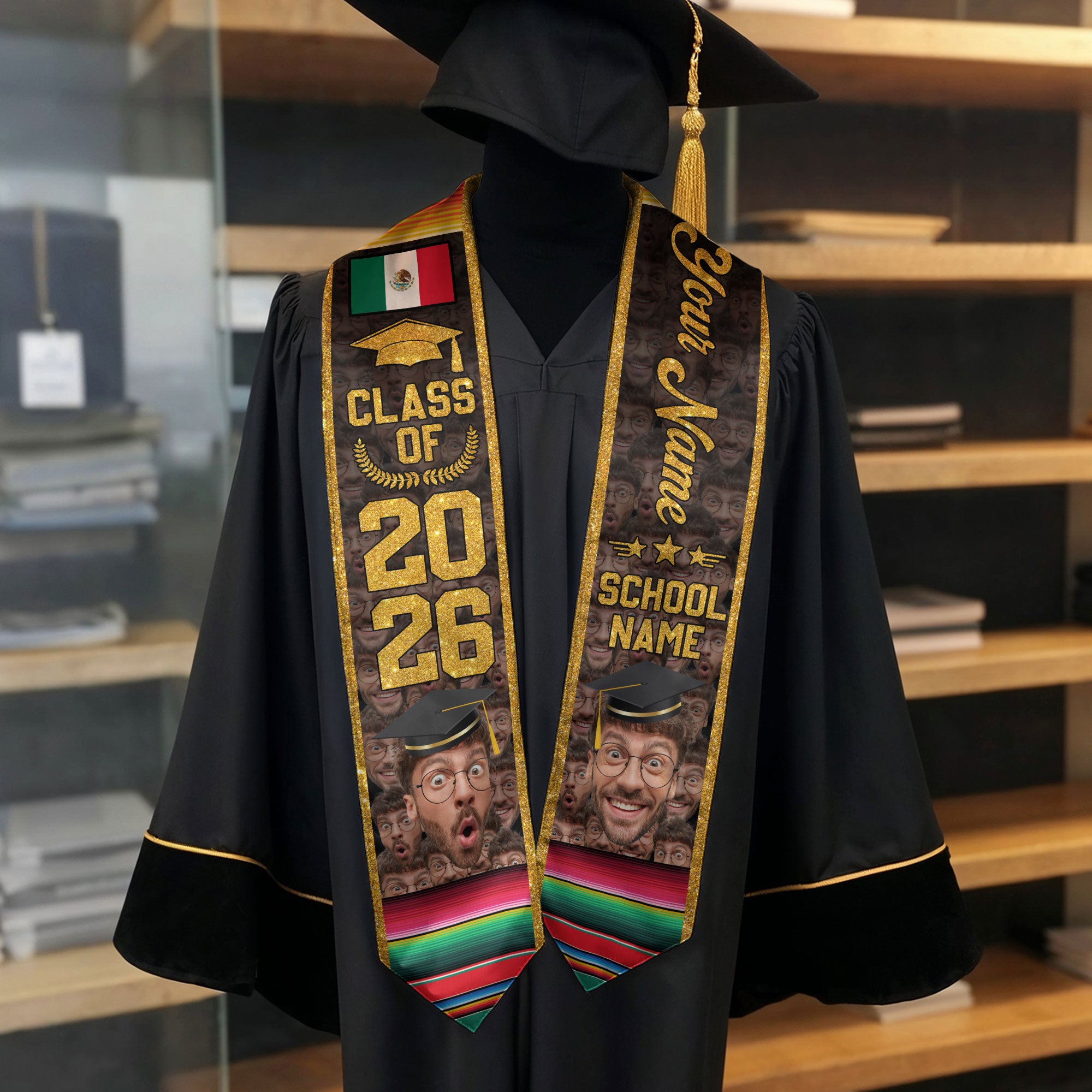 Mexico Flag Graduation Stole 2026, Mexican Sash for Graduates, Name Detail Option