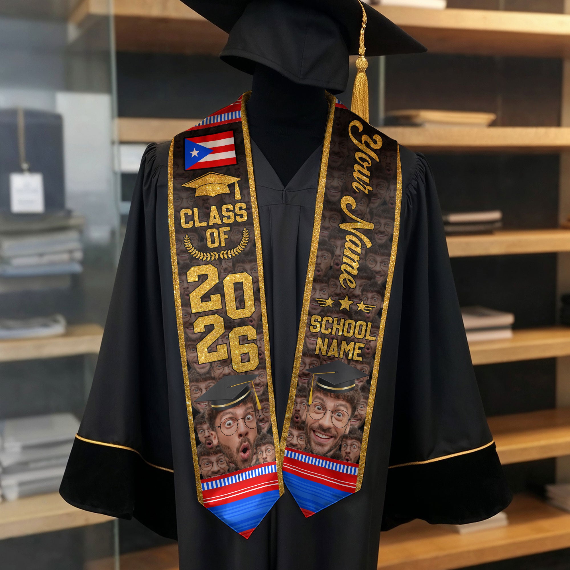 Puerto Rico Flag Graduation Stole 2026, Puerto Rican Sash, Personalized Finish for Grads