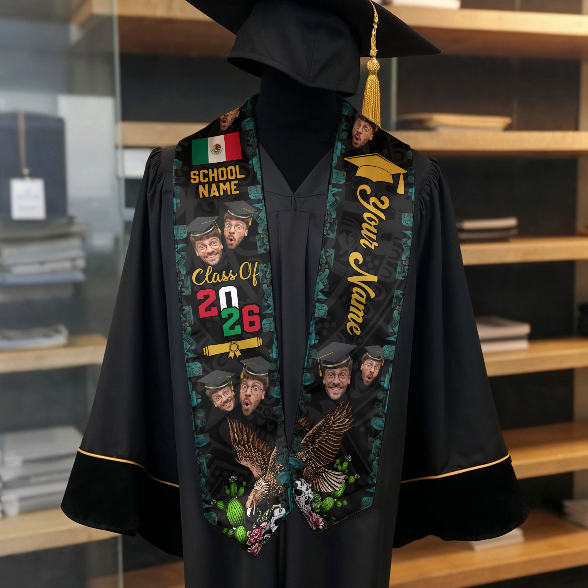 Mexican Flag Sash 2026, Mexico Graduation Stole, Customizable Detail Style