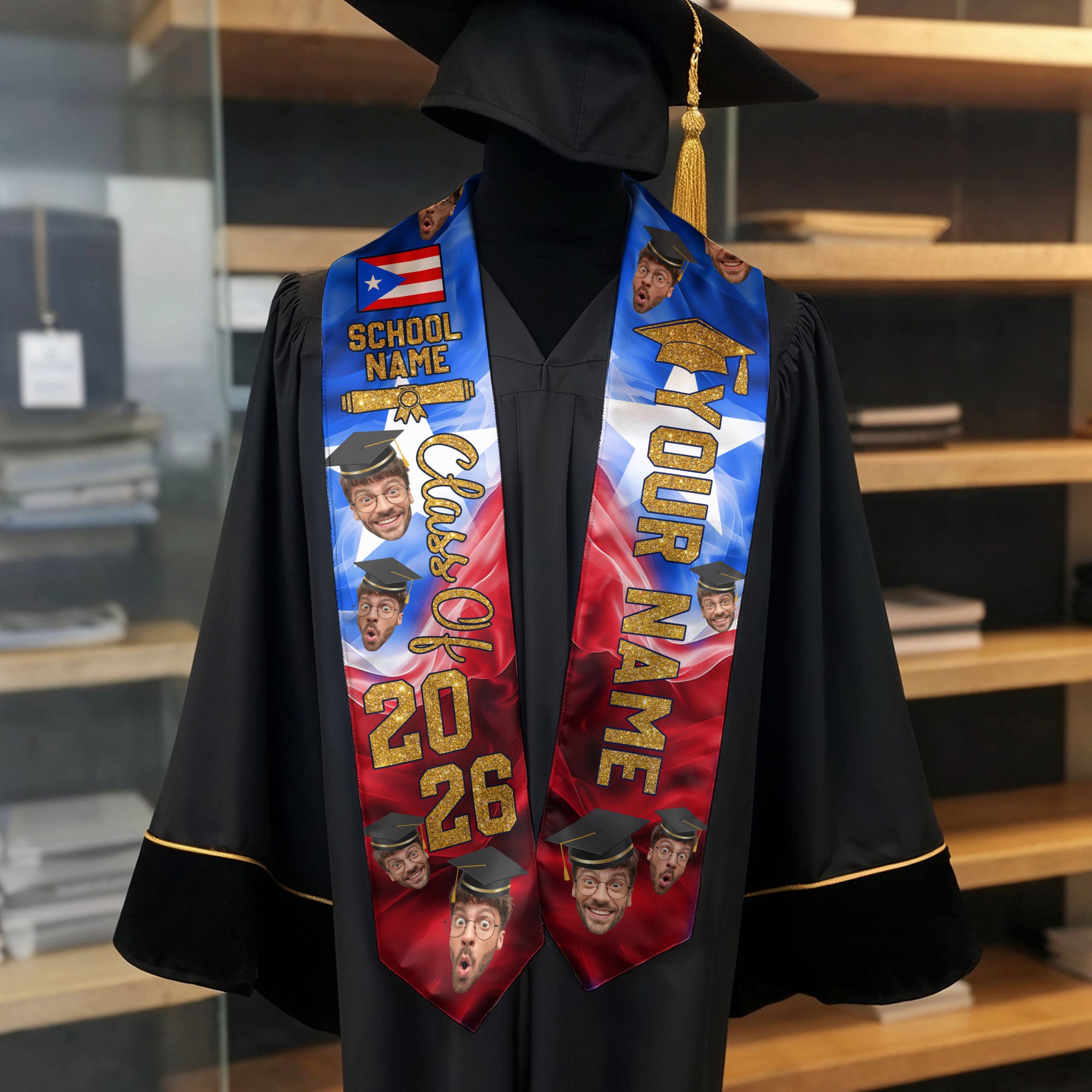 Puerto Rican Flag Sash 2026, Puerto Rico Graduation Stole, Personal Name Add-On, Gift