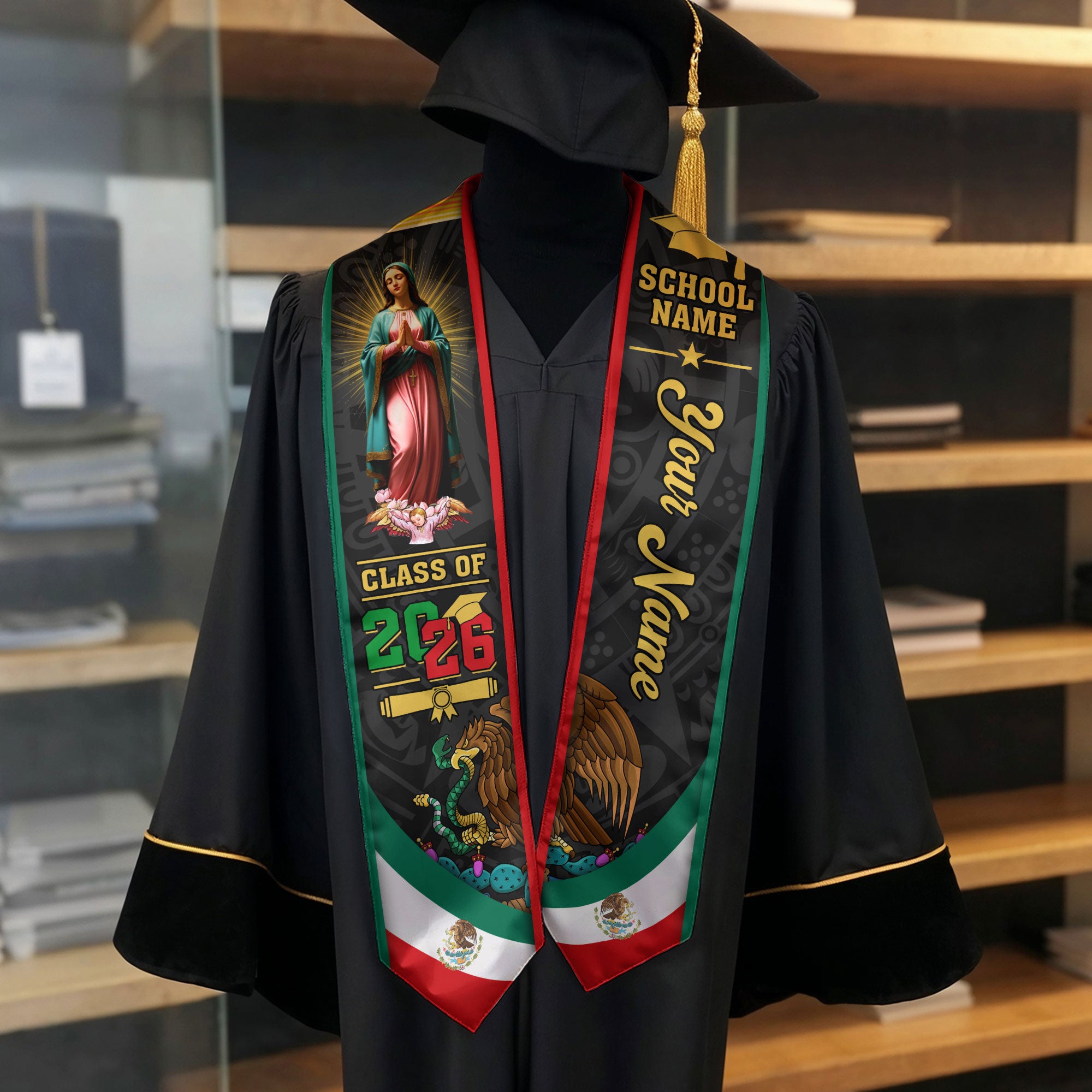 2026 Mexican Graduation Stole, Mexico Flag Sash, Personalized Accent for Grads
