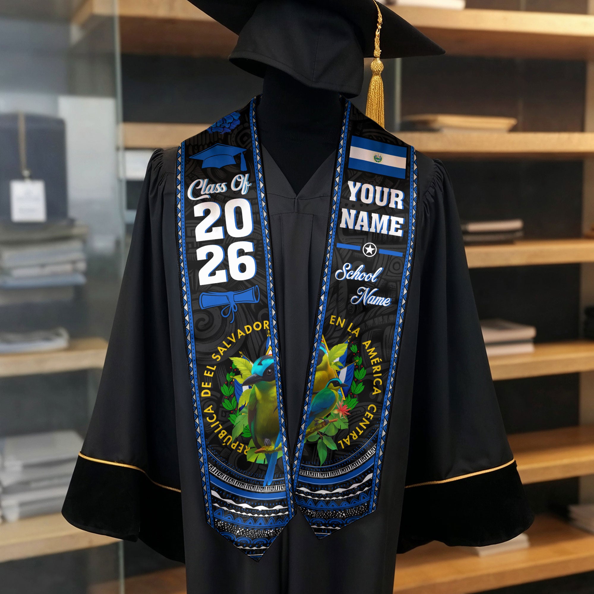 El Salvador Graduation Stole 2026, El Salvador Flag Sash, Personal Detail Option for Grads