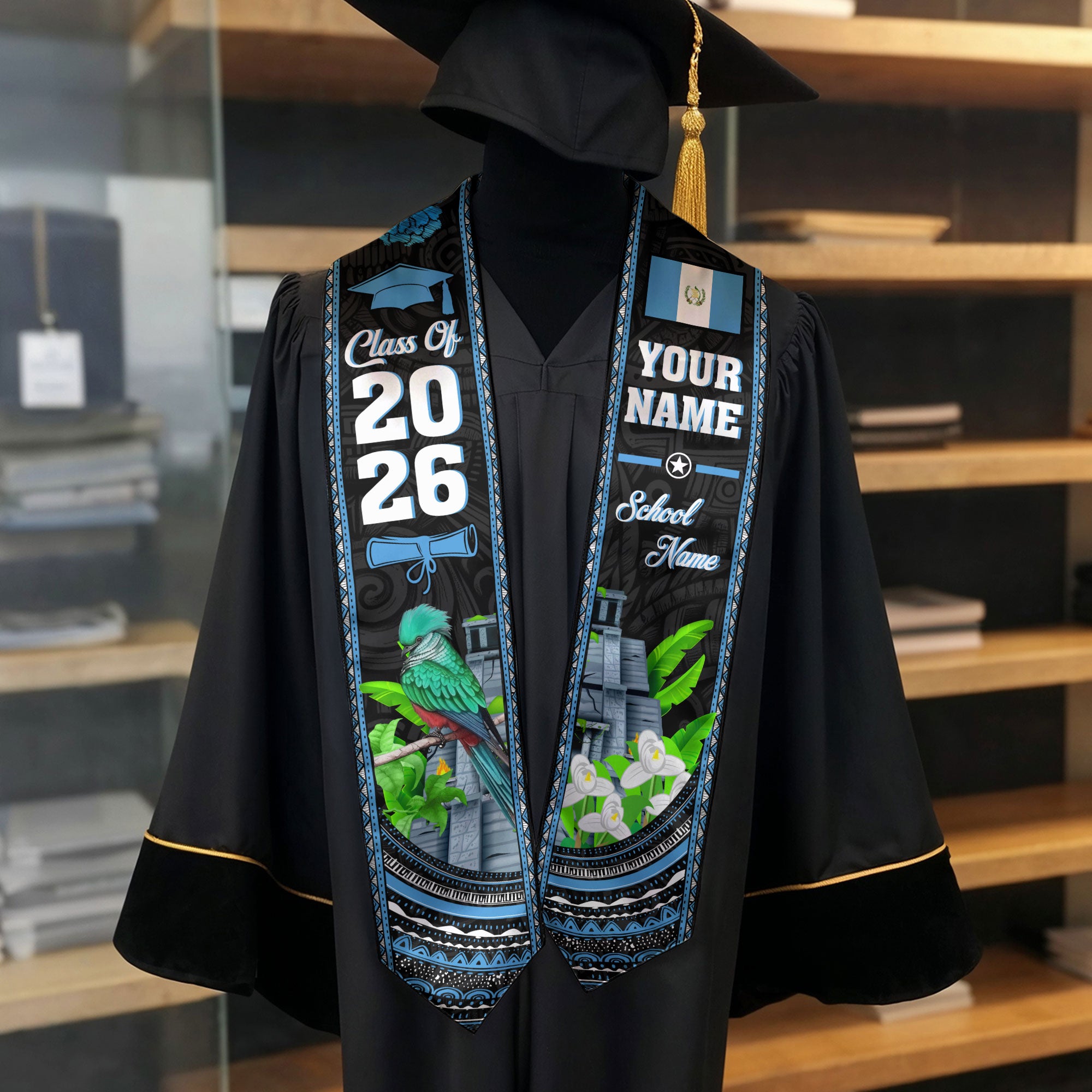Guatemala Graduation Stole 2026, Guatemala Flag Sash, Personal Detail Option for Graduates