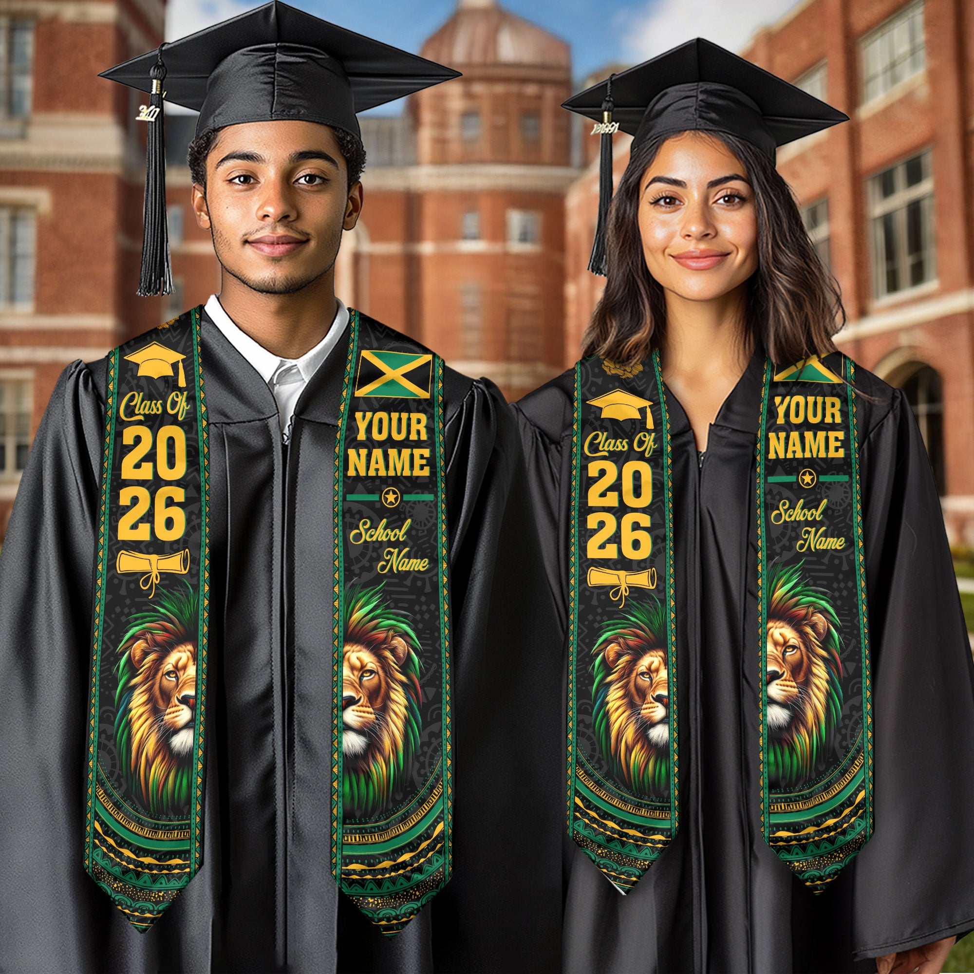 Jamaica Graduation Stole 2026, Jamaican Flag Graduation Sash, Personal Detail Option for Grads