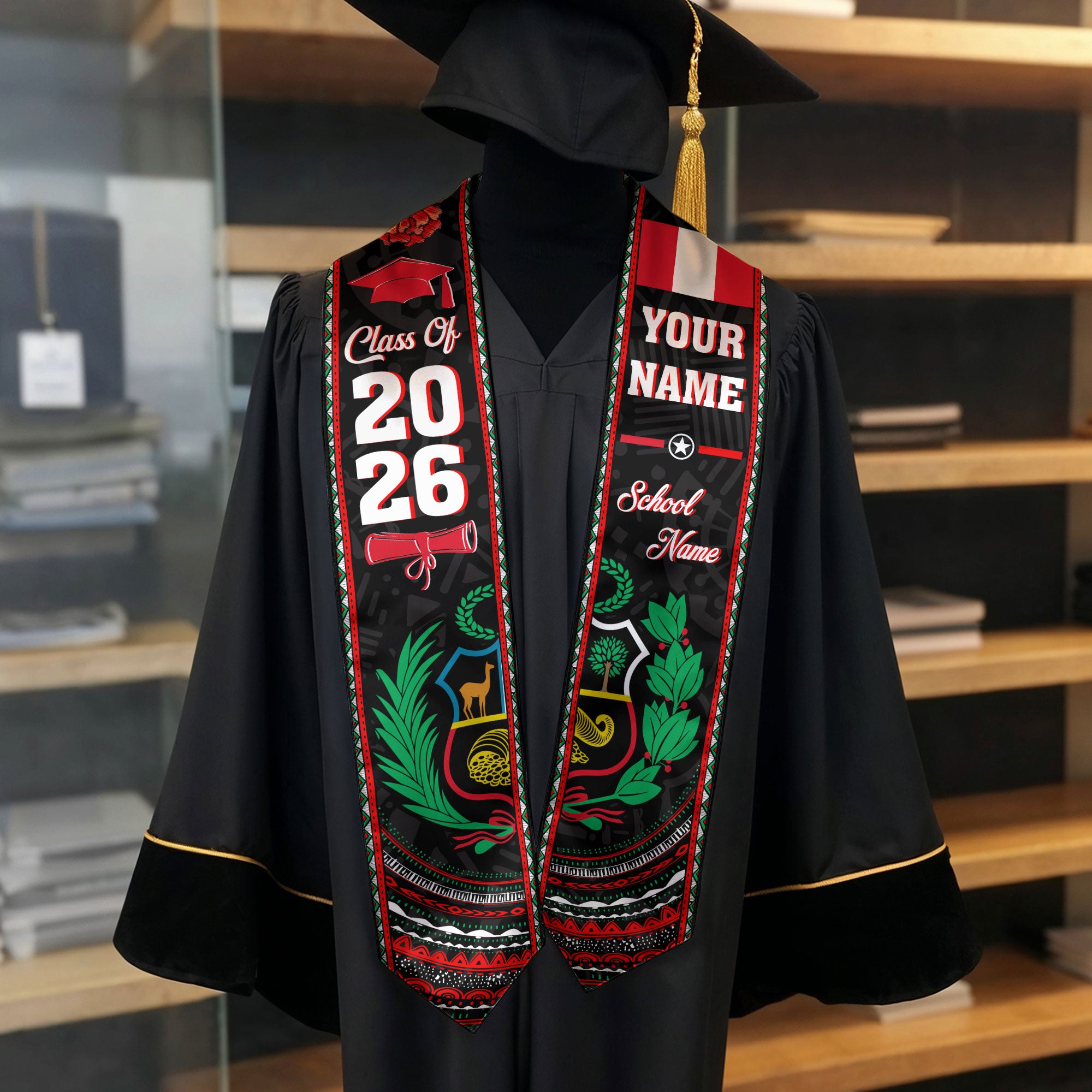 Peru Graduation Sash 2026, Peru Flag Stole, Custom Peru Graduation Stole