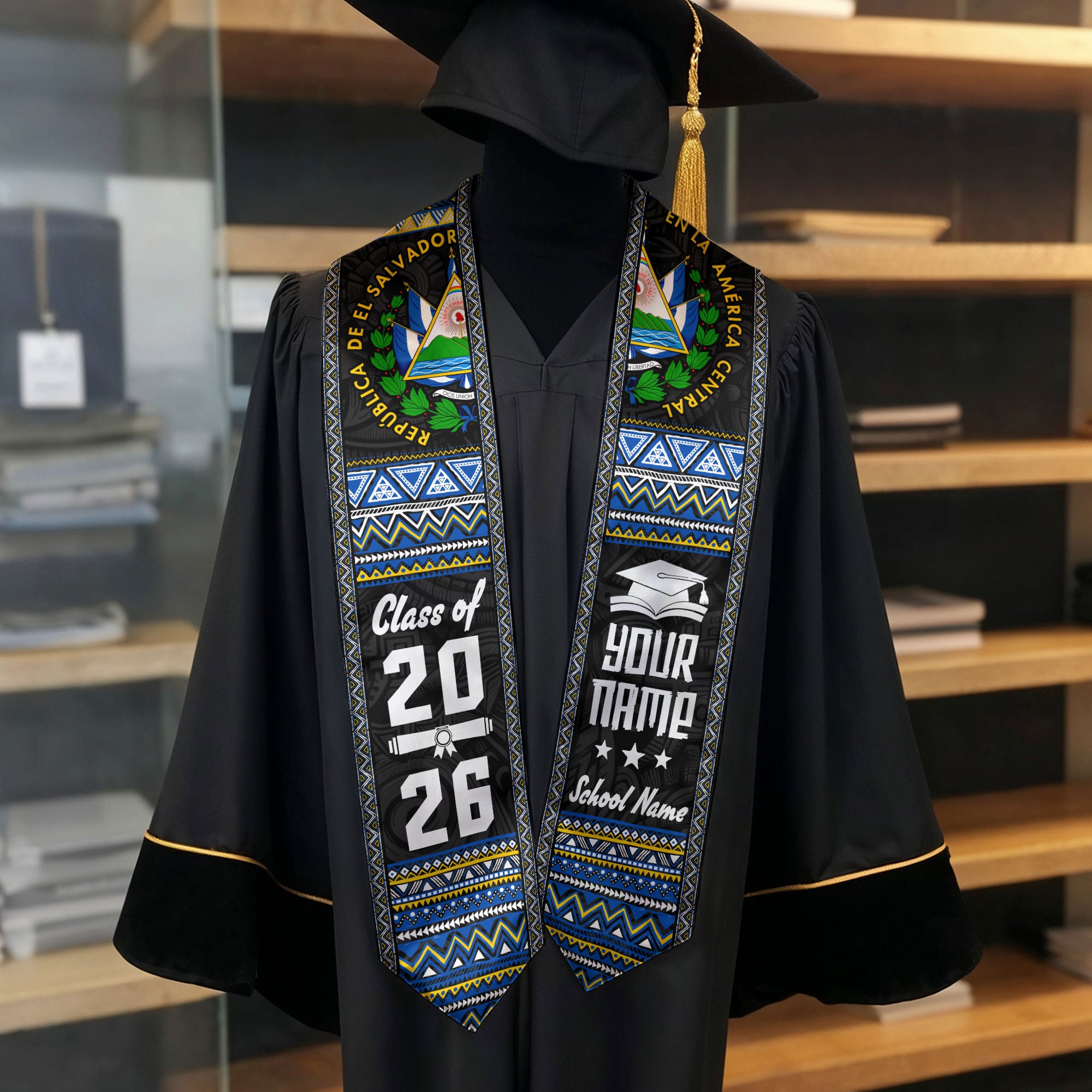2026 El Salvador Flag Graduation Sash, El Salvador Stole for Graduates, Detail Option