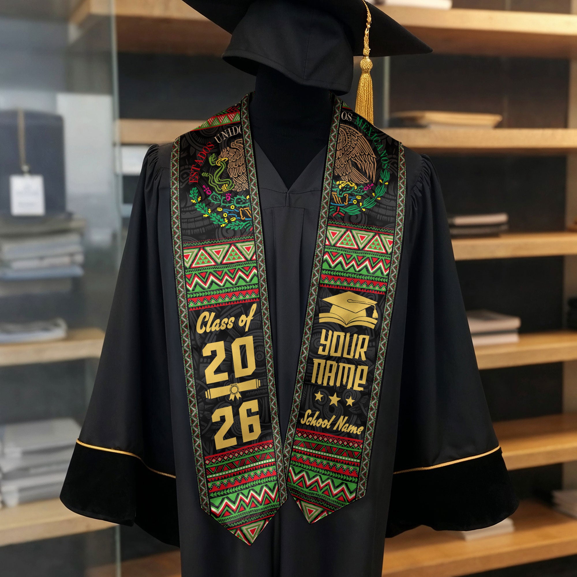 2026 Mexican Graduation Stole, Mexico Flag Sash, Personalized Finish Option for Proud Grads