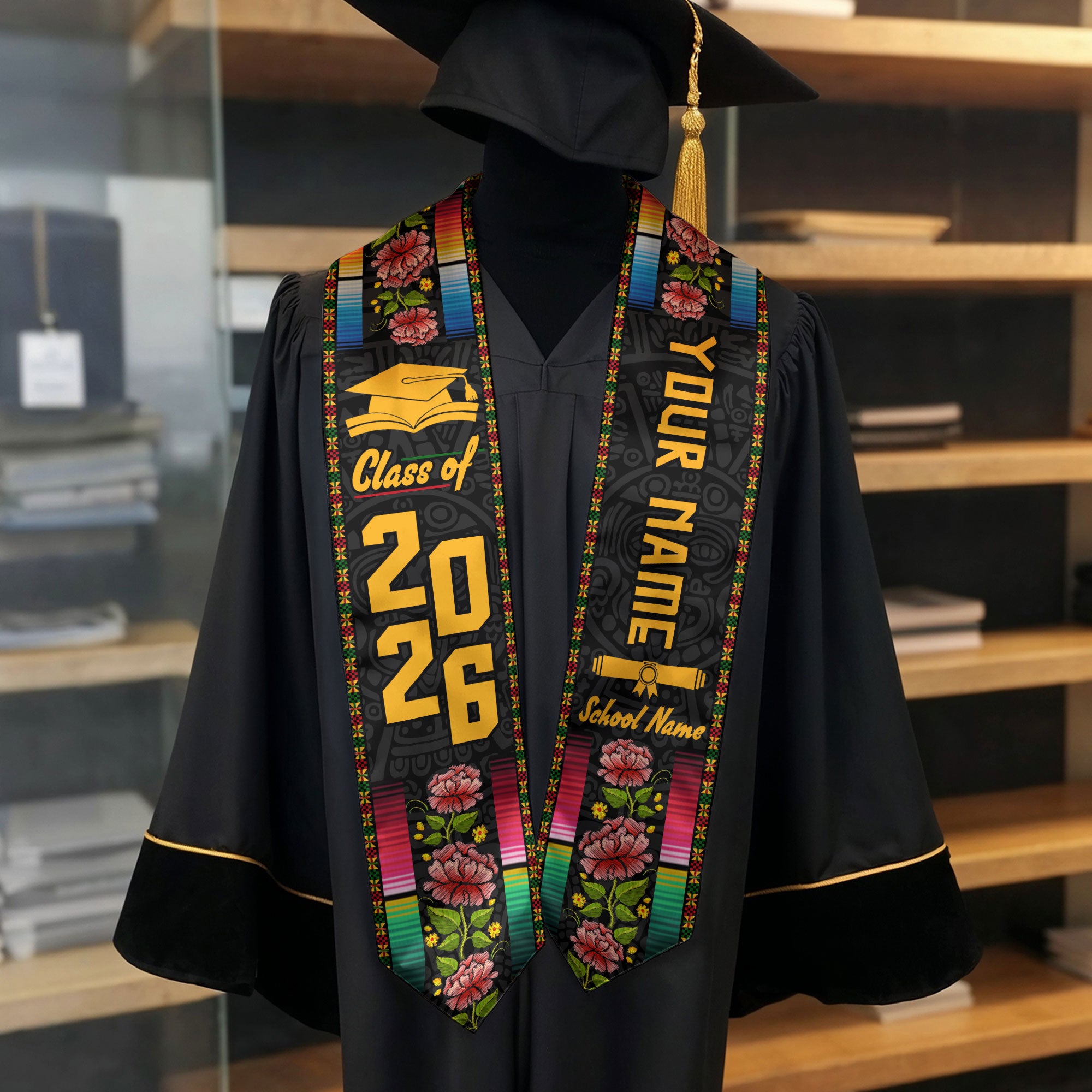 2026 Mexico Flag Graduation Stole, Mexican Sash for Graduation, Detail Option Available