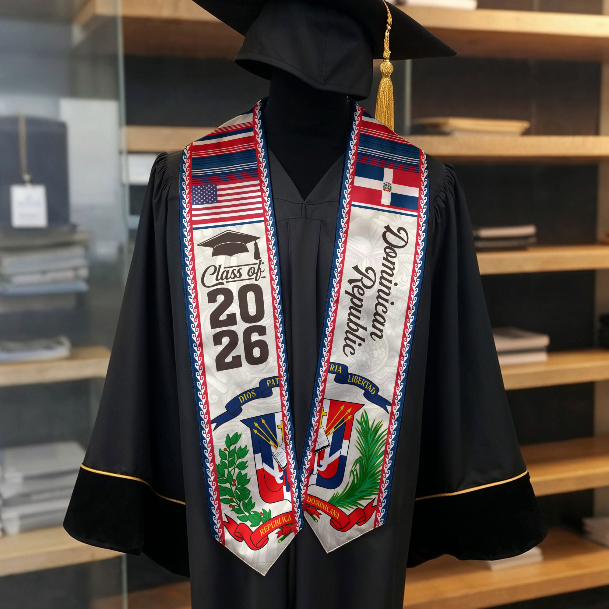 Dominican Graduation Stole 2026, Dominican Flag Graduation Sash, Classic Academic Graduation Stole Design