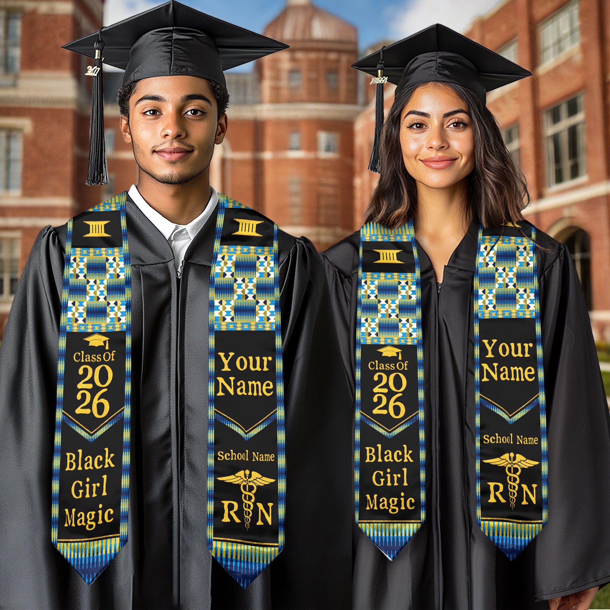 Customized Nursing Graduation Stole with African Colors, RN BSN Nurse Sash 2026