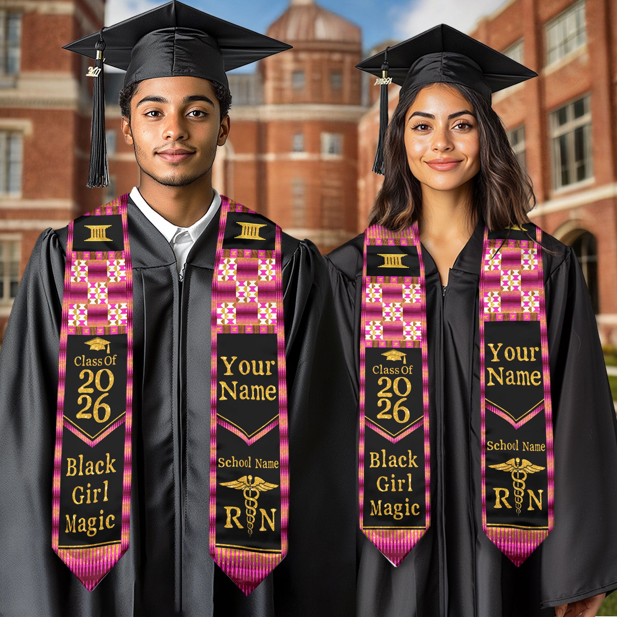 Customized RN Nursing Graduation Stole with African Cultural Design, Class of 2026