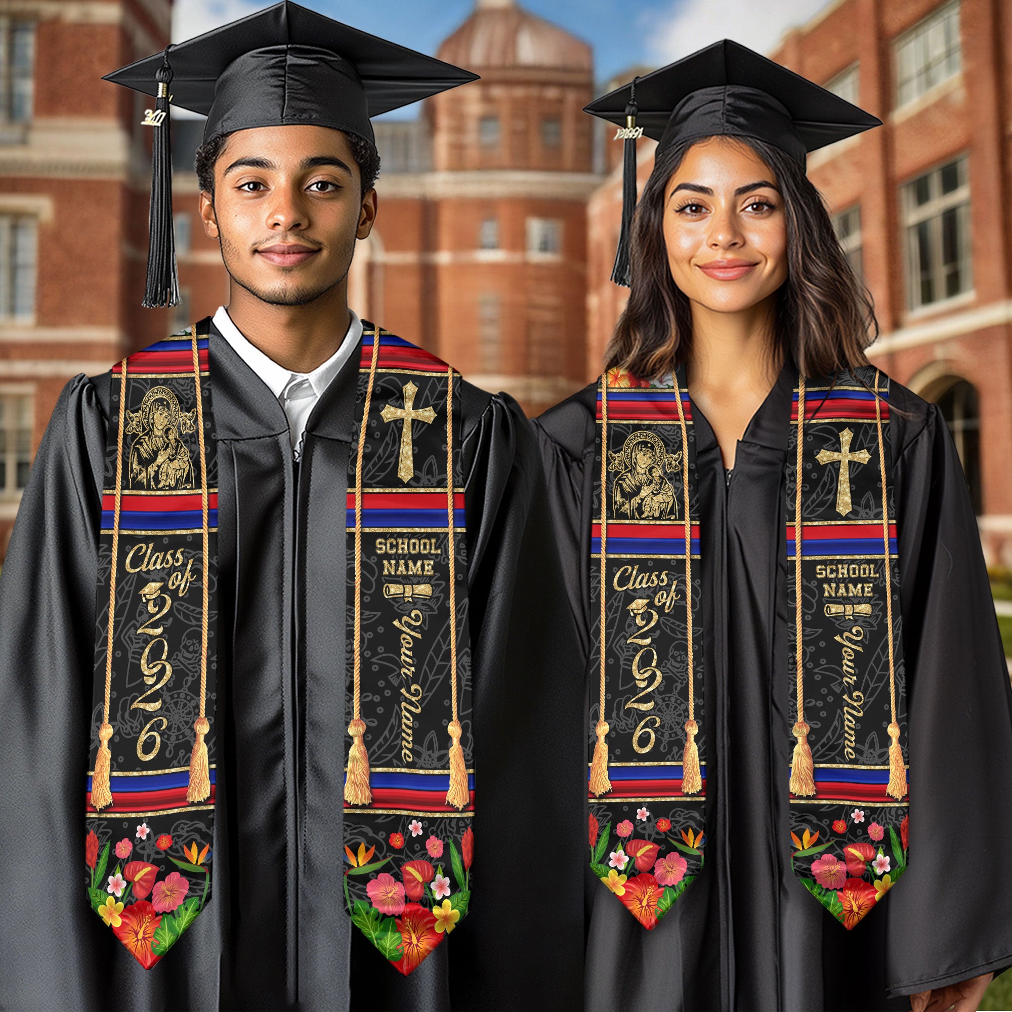 Haitian Graduation Stole 2026, Haiti Flag Sash Stole, Personalized Trim for Graduates