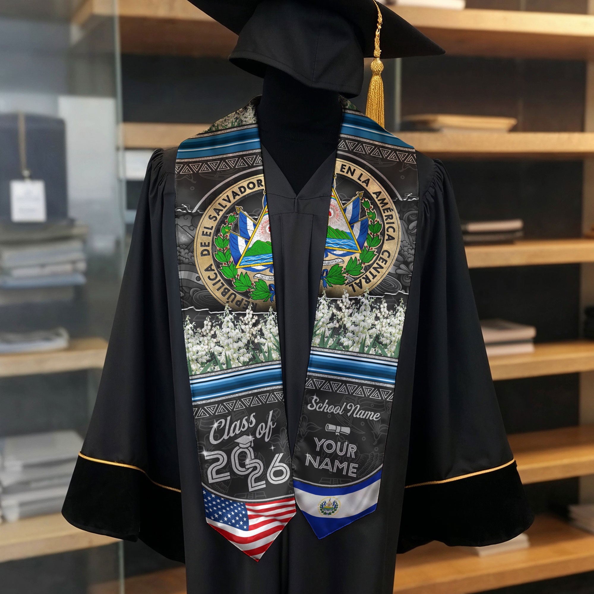 Salvadoran Flag Graduation Sash 2026, El Salvador Grad Stole, Custom Accent Detail