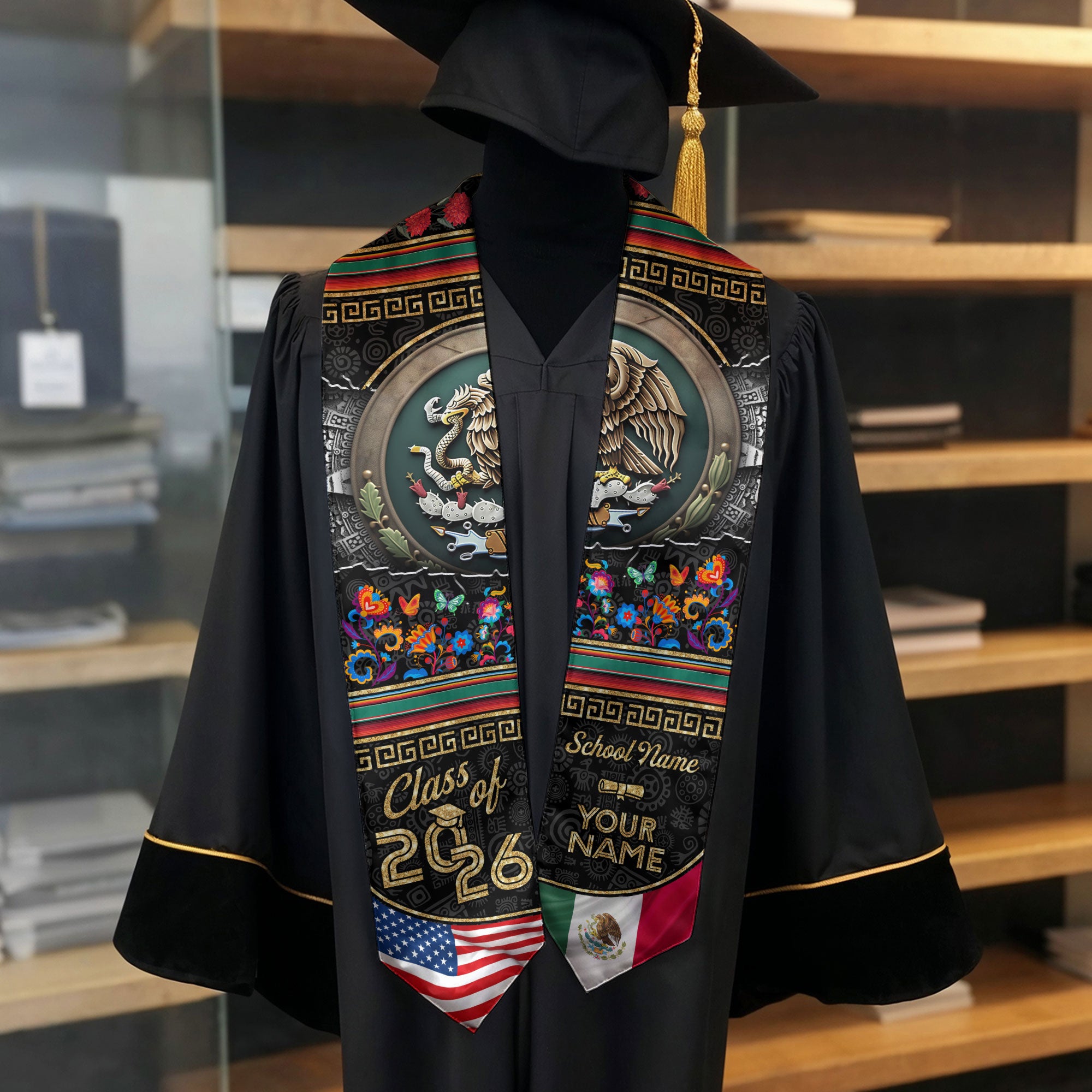 Mexico Graduation Stole 2026, Mexican Stole Sash, Mexican American Flag Custom Detail