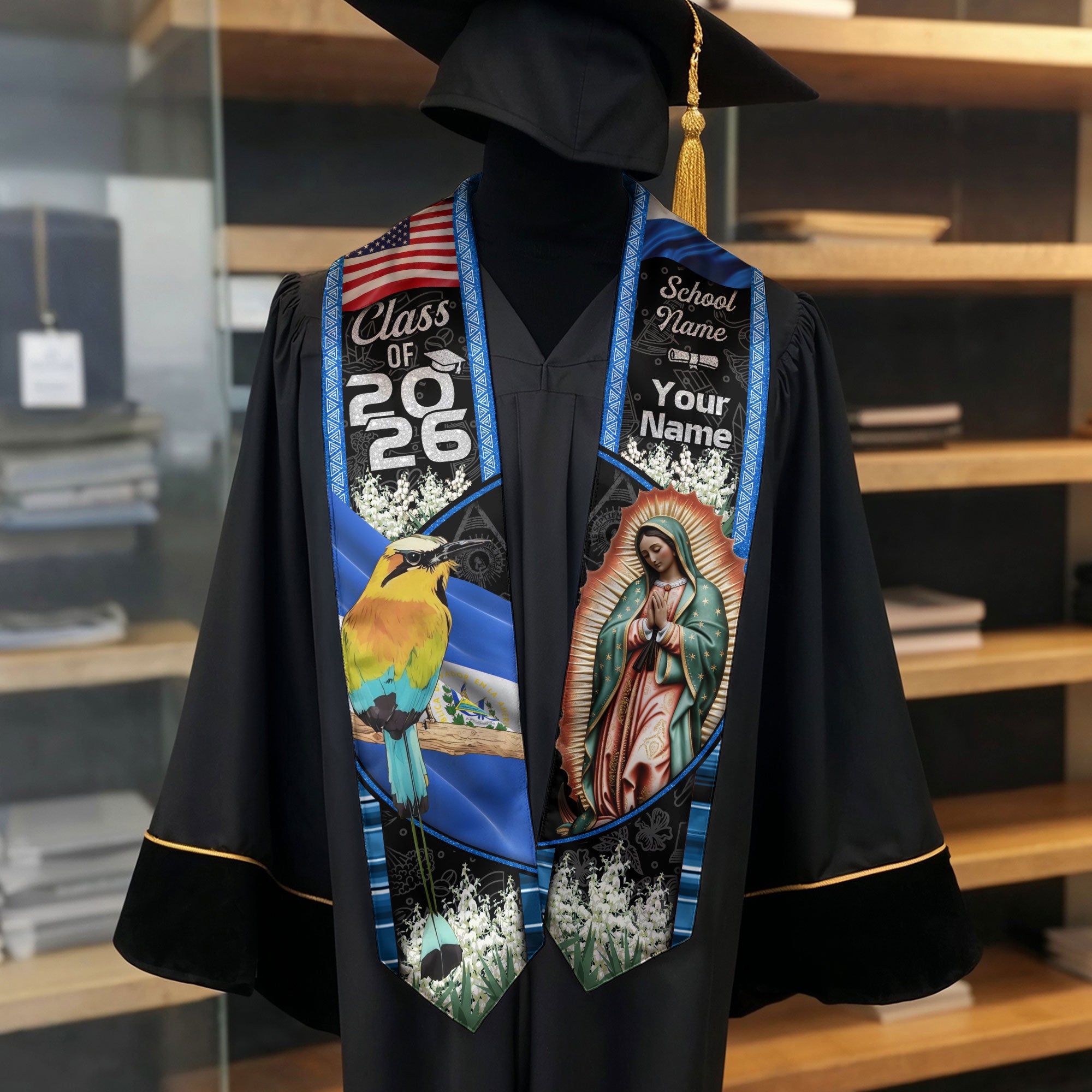 El Salvador Graduation Sash 2026, Salvadoran Flag Graduation Stole, Custom Finish Grads