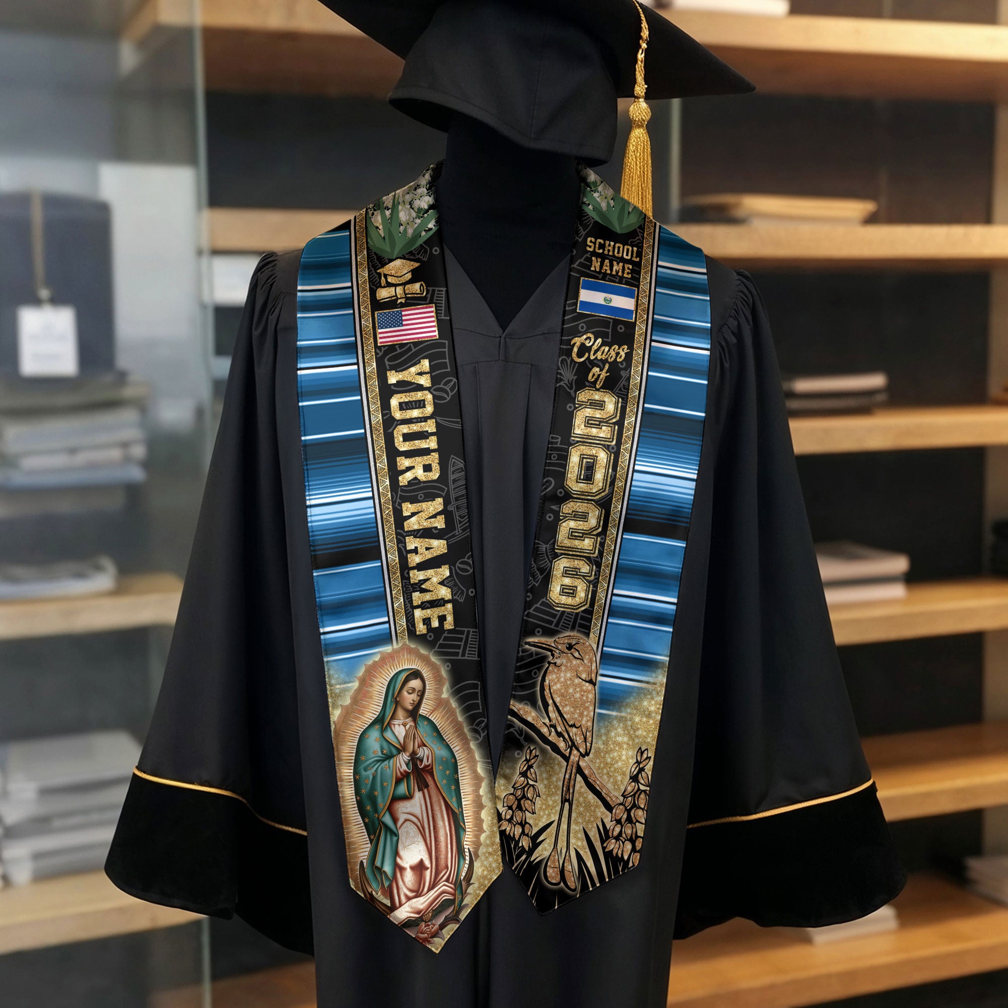 El Salvador Flag Graduation Stole 2026, Salvadoran Stole Sash, Custom Detail Choice 2026