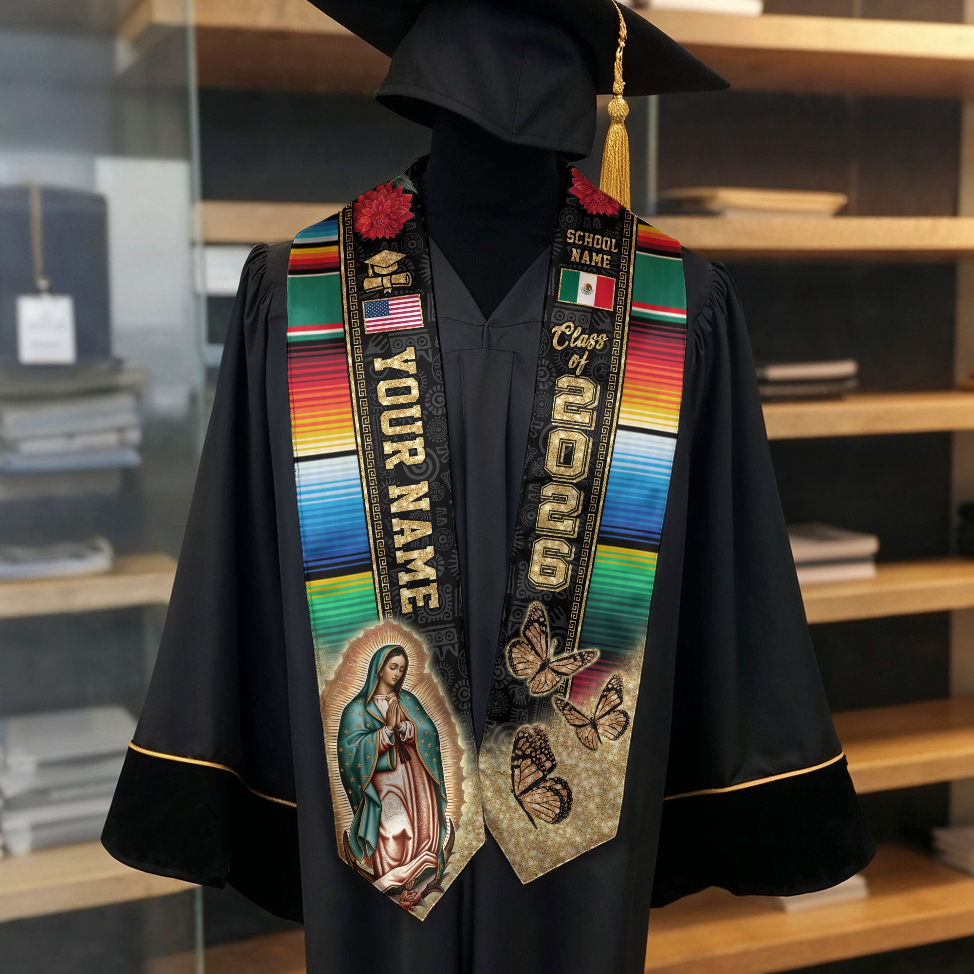 Class of 2026 Mexico Graduation Stole, Mexican Flag Sash, Mexican Stole Custom Accent
