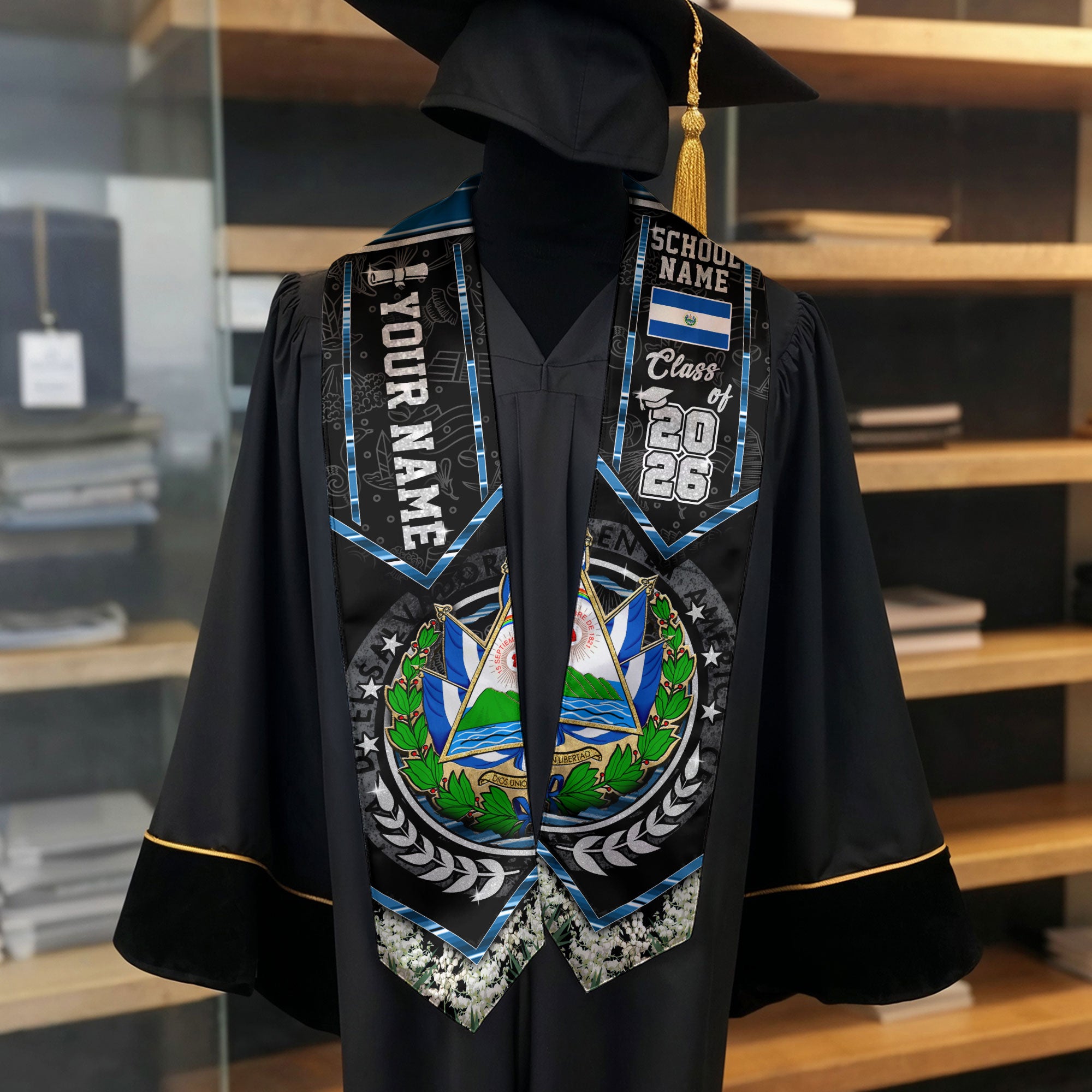 Salvadoran Graduation Stole 2026, El Salvador Flag Sash, Custom Accent for Graduates 2026