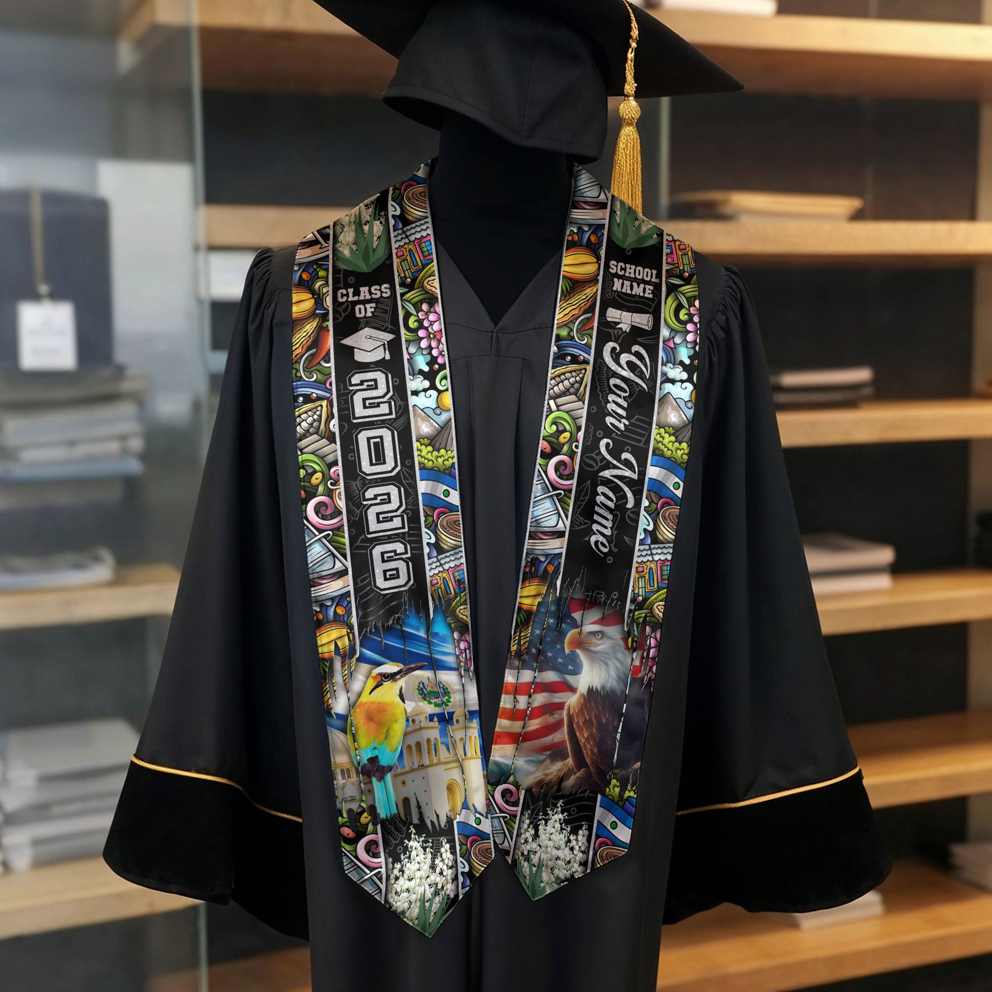 El Salvador Flag Graduation Sash 2026, Salvadoran Graduation Stole, Custom Touch Option