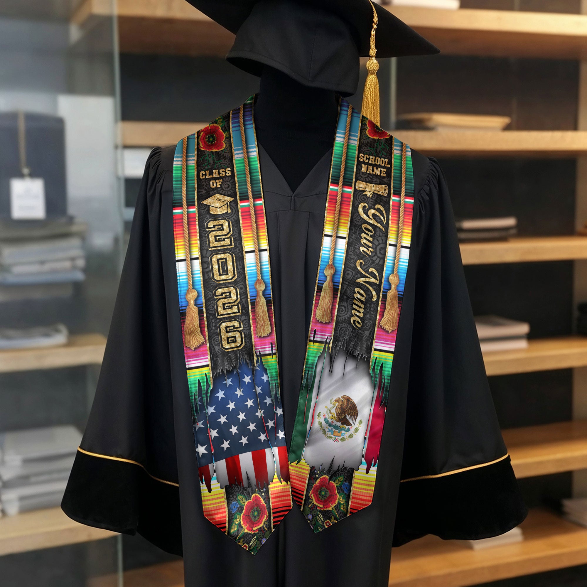 Mexico Grad Stole 2026, Mexican Graduation Sash, Mexican American Flag Custom Finish