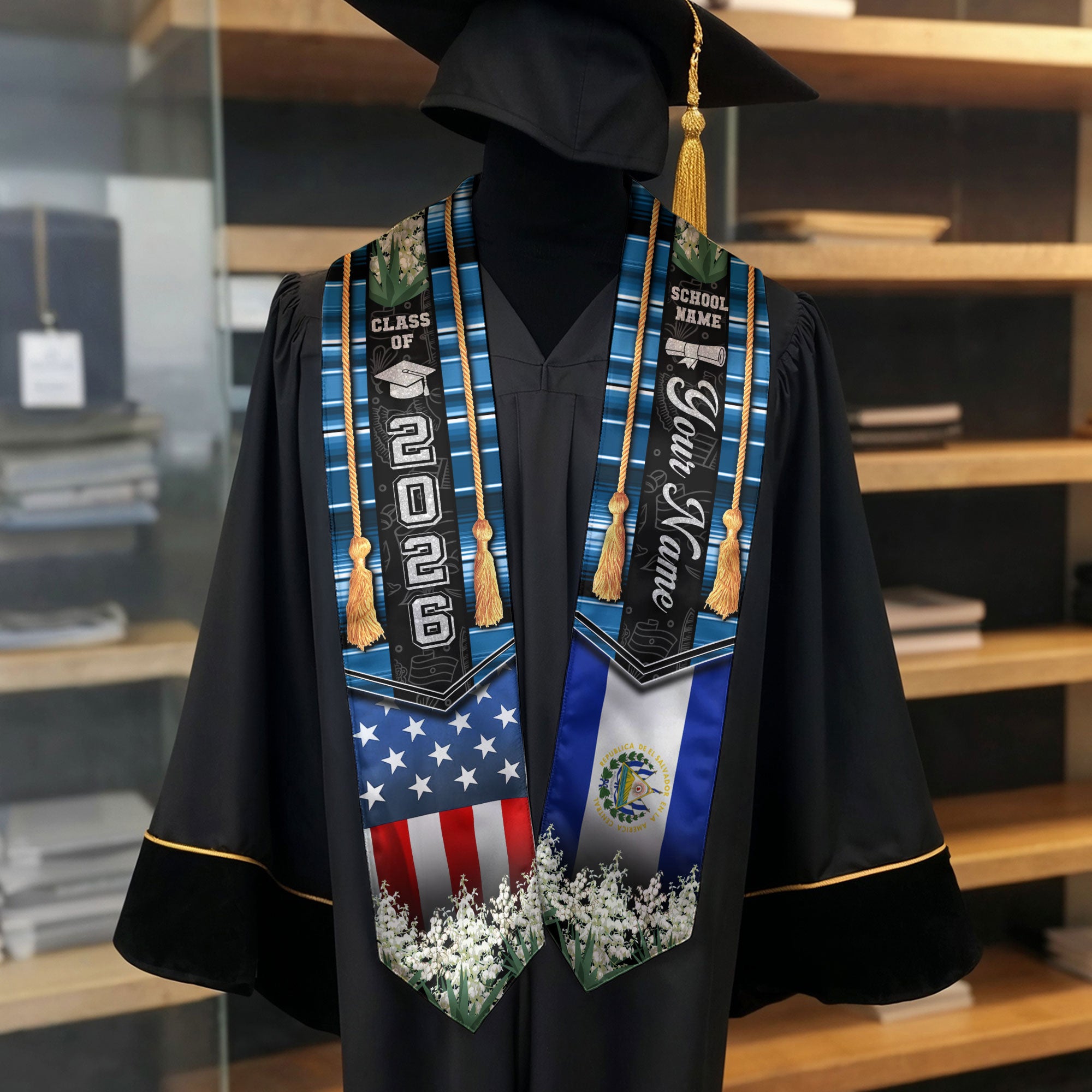 El Salvador Graduation Stole 2026, Salvadoran Flag Sash, Custom Detail for Graduates