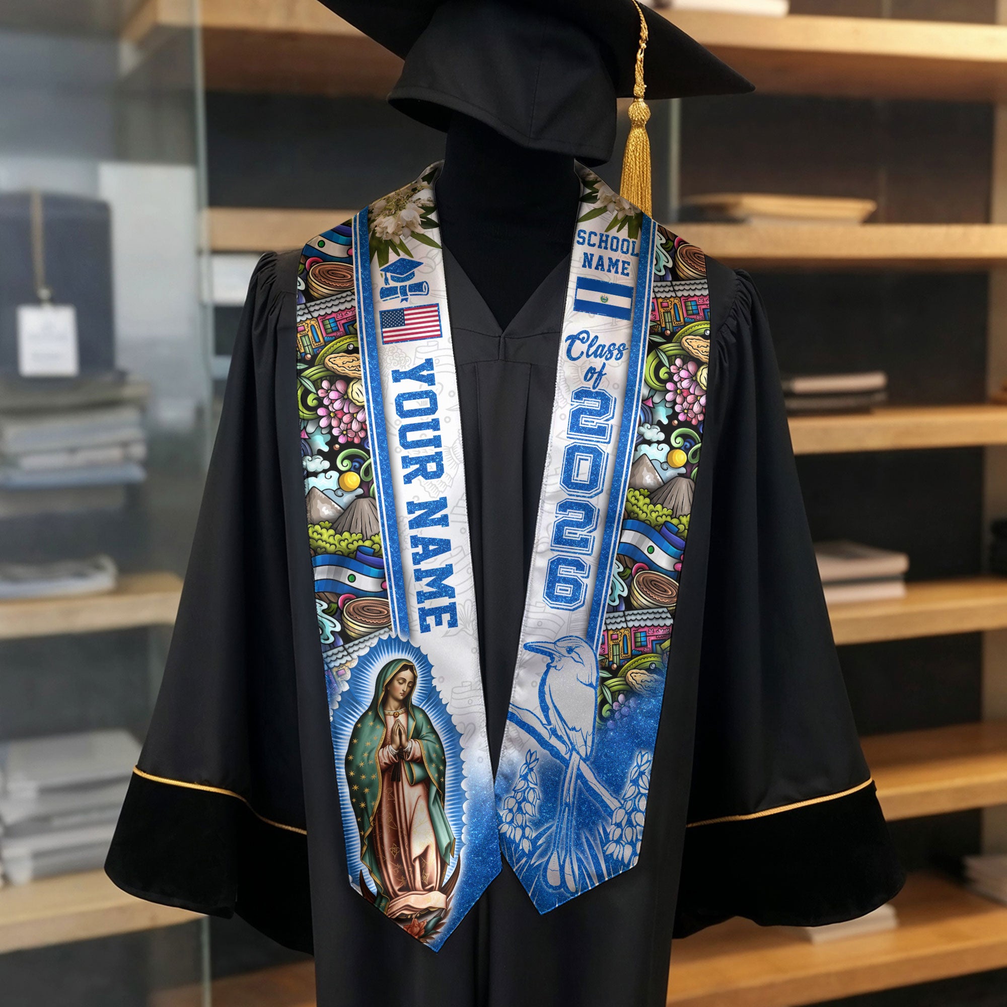 Salvadoran Flag Graduation Stole 2026, El Salvador Graduation Sash, Custom Trim for Grads