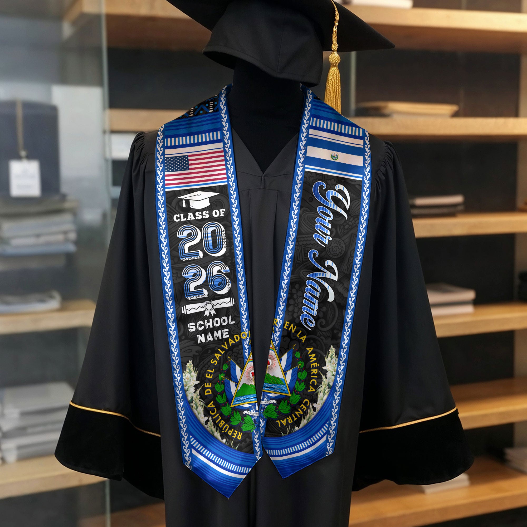 El Salvador Graduation Stole 2026, Salvadoran Flag Sash, Bespoke Touch for Class of 2026