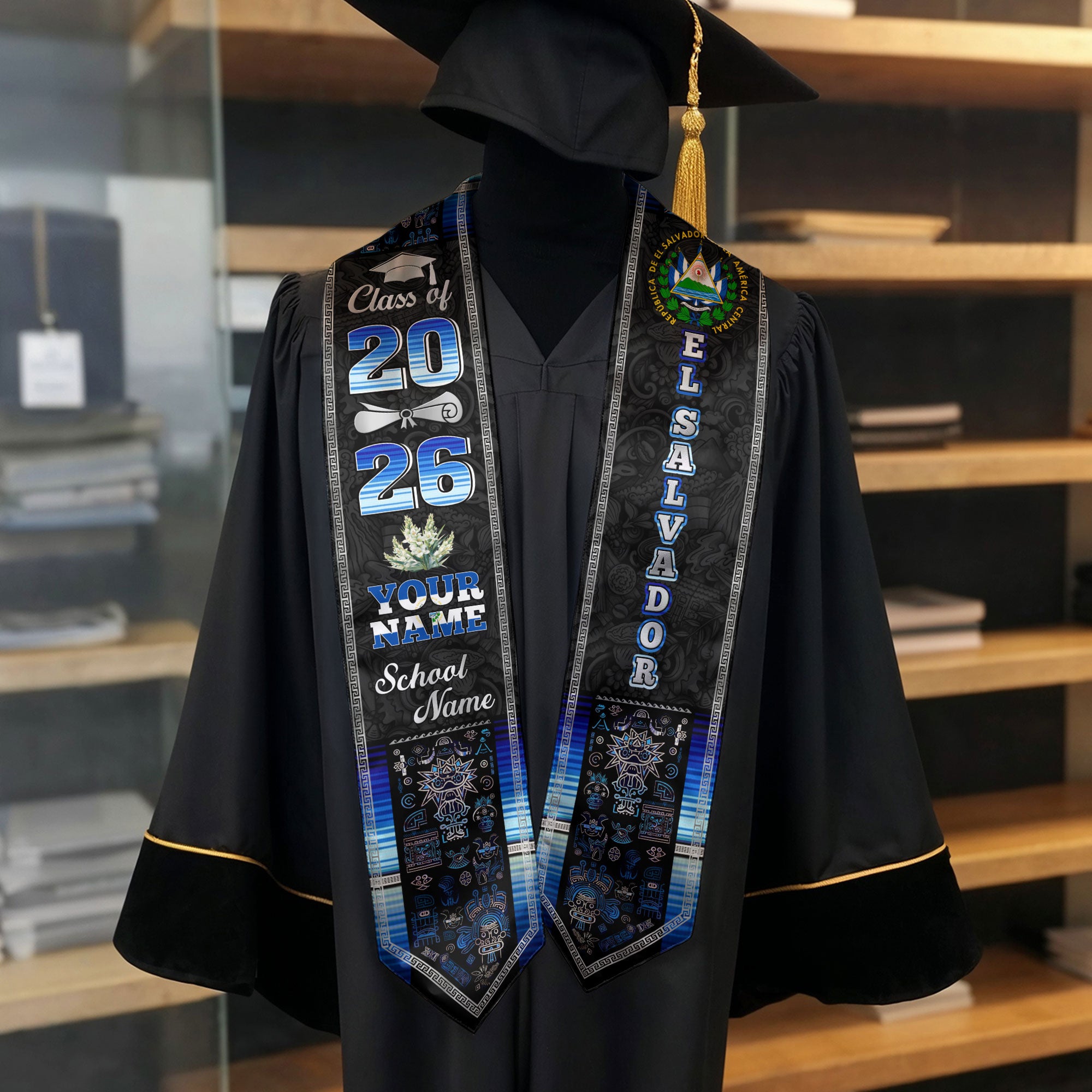 Salvadoran Flag Graduation Sash 2026, El Salvador Graduation Stole, Tailored Detail Grads