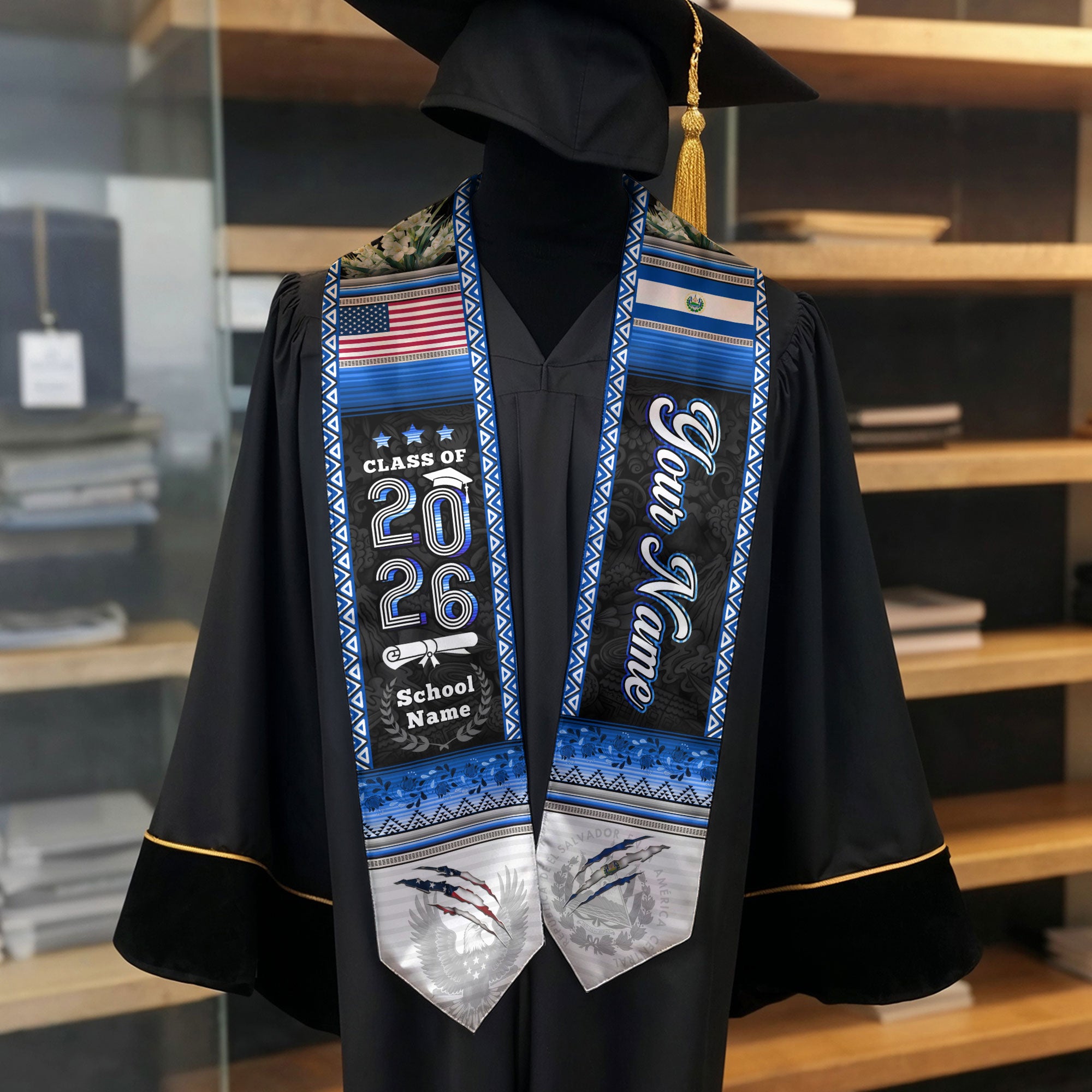 El Salvador Flag Graduation Stole 2026, Salvadoran Grad Sash, Signature Finish for 2026