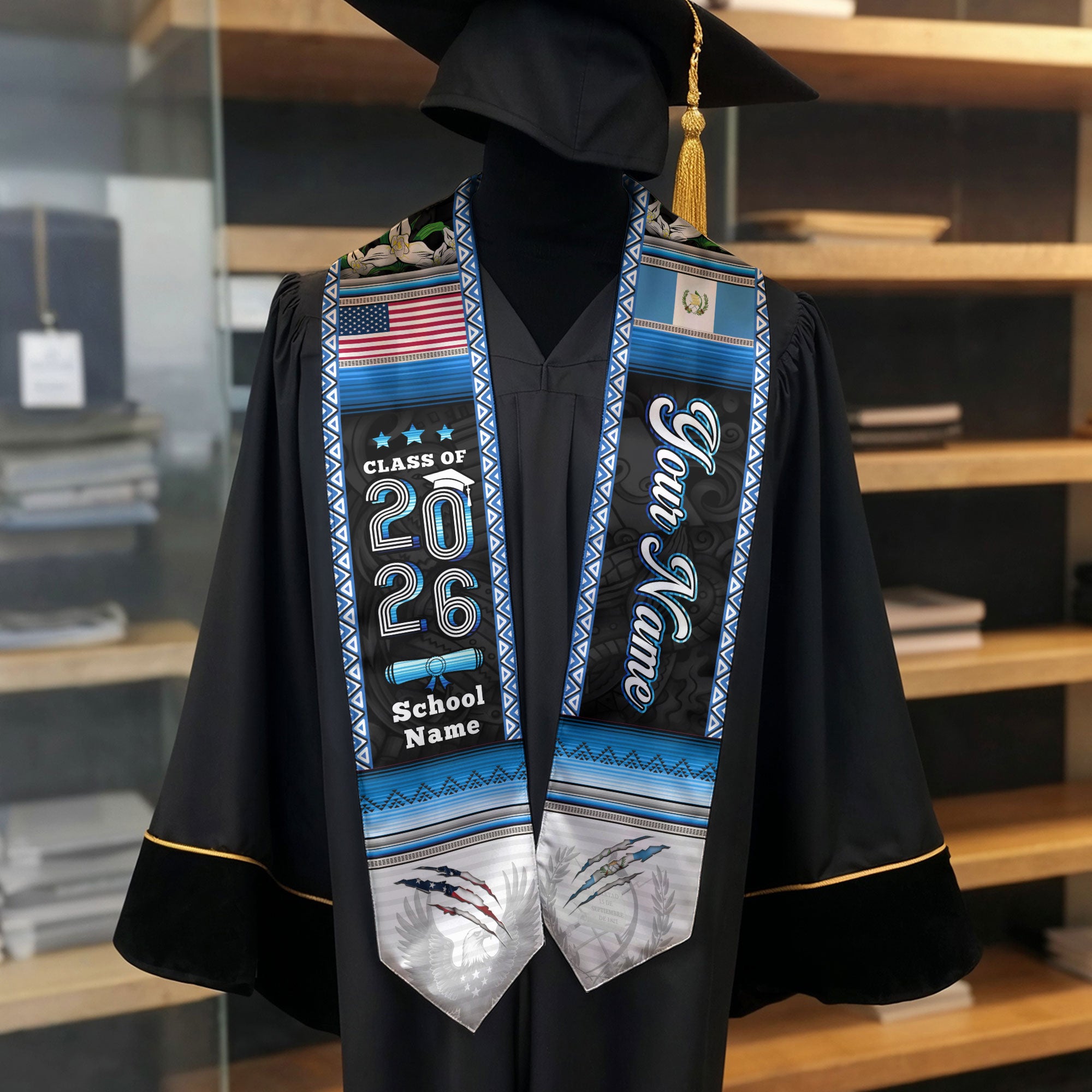 Guatemala Flag Graduation Stole 2026, Guatemalan Grad Sash, Signature Finish for 2026