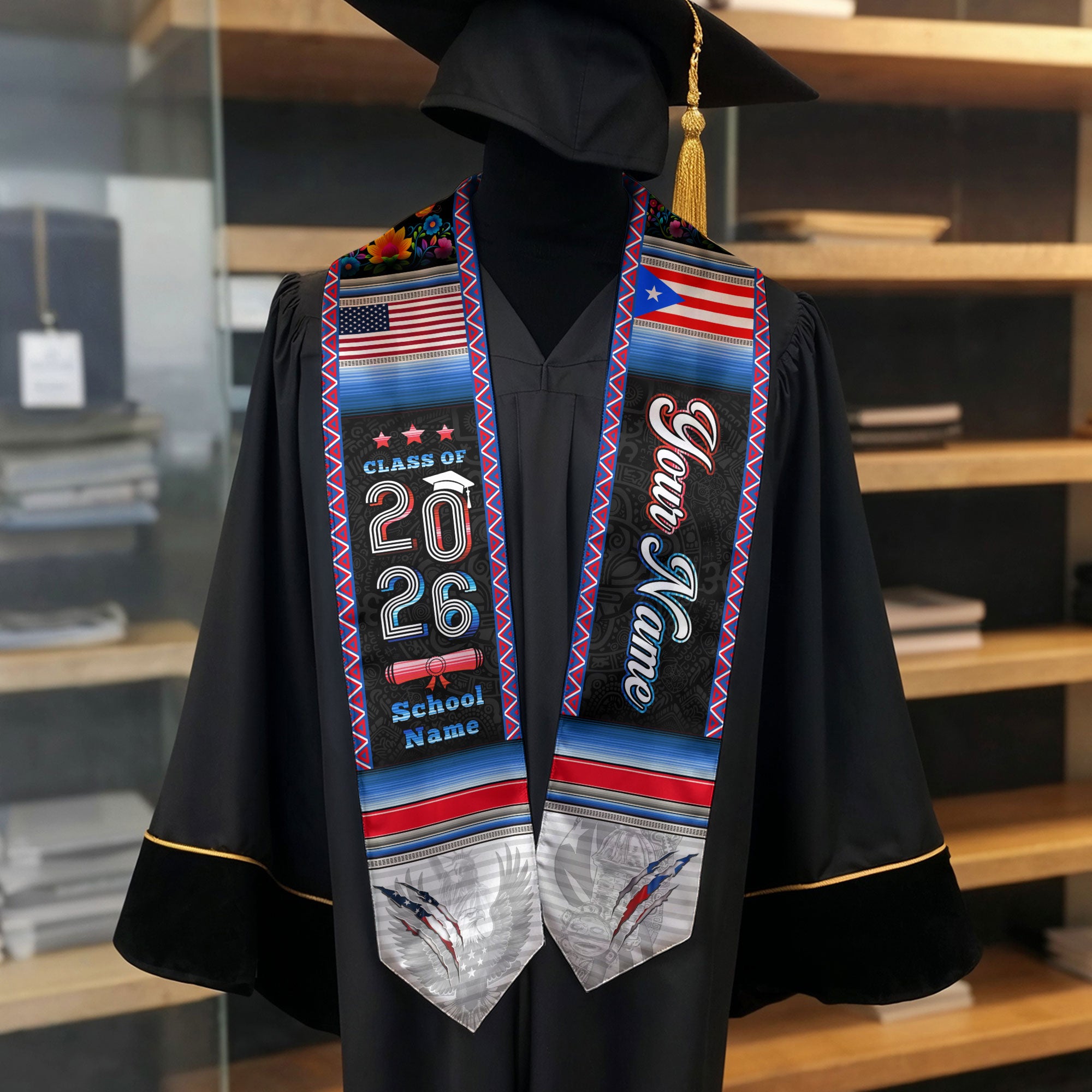 Puerto Rico Flag Graduation Stole 2026, Puerto Rican Grad Sash, Signature Finish 2026