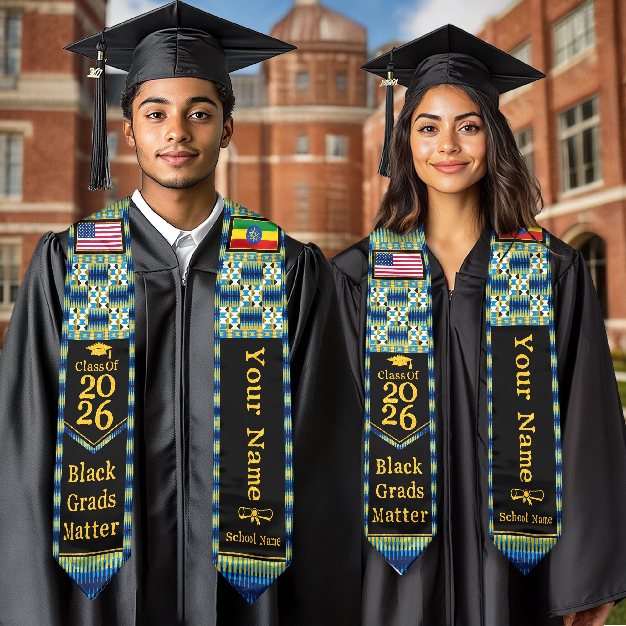 Customized Ethiopia Graduation Stole Featuring Ethiopian Flag Heritage Style, Graduation Sash Class of 2026