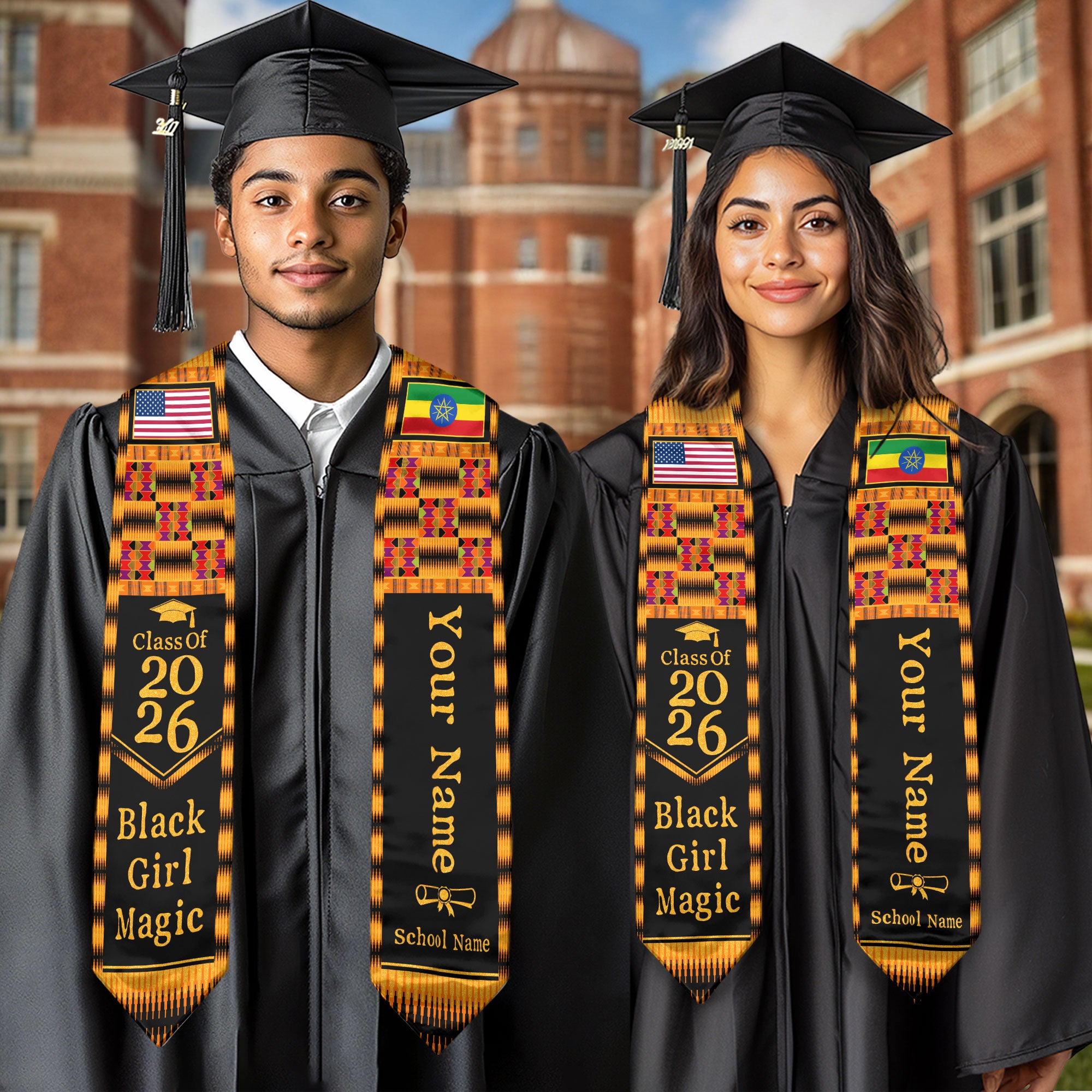 Customized Graduation Stole Ethiopia Showcasing Cultural Flag Pride Pattern, Graduation Sash Class of 2026
