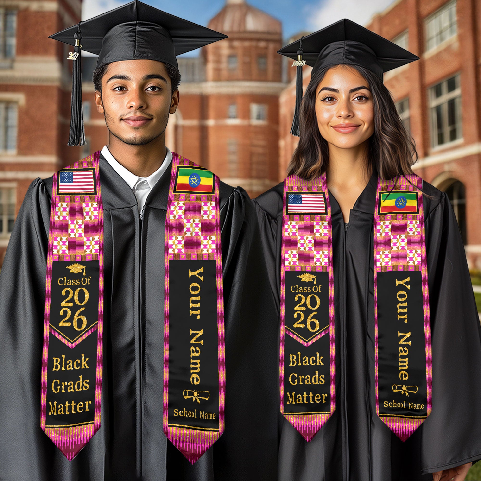 Customized Ethiopia Graduation Stole Highlighting Traditional Flag Motif, Graduation Sash for Class of 2026