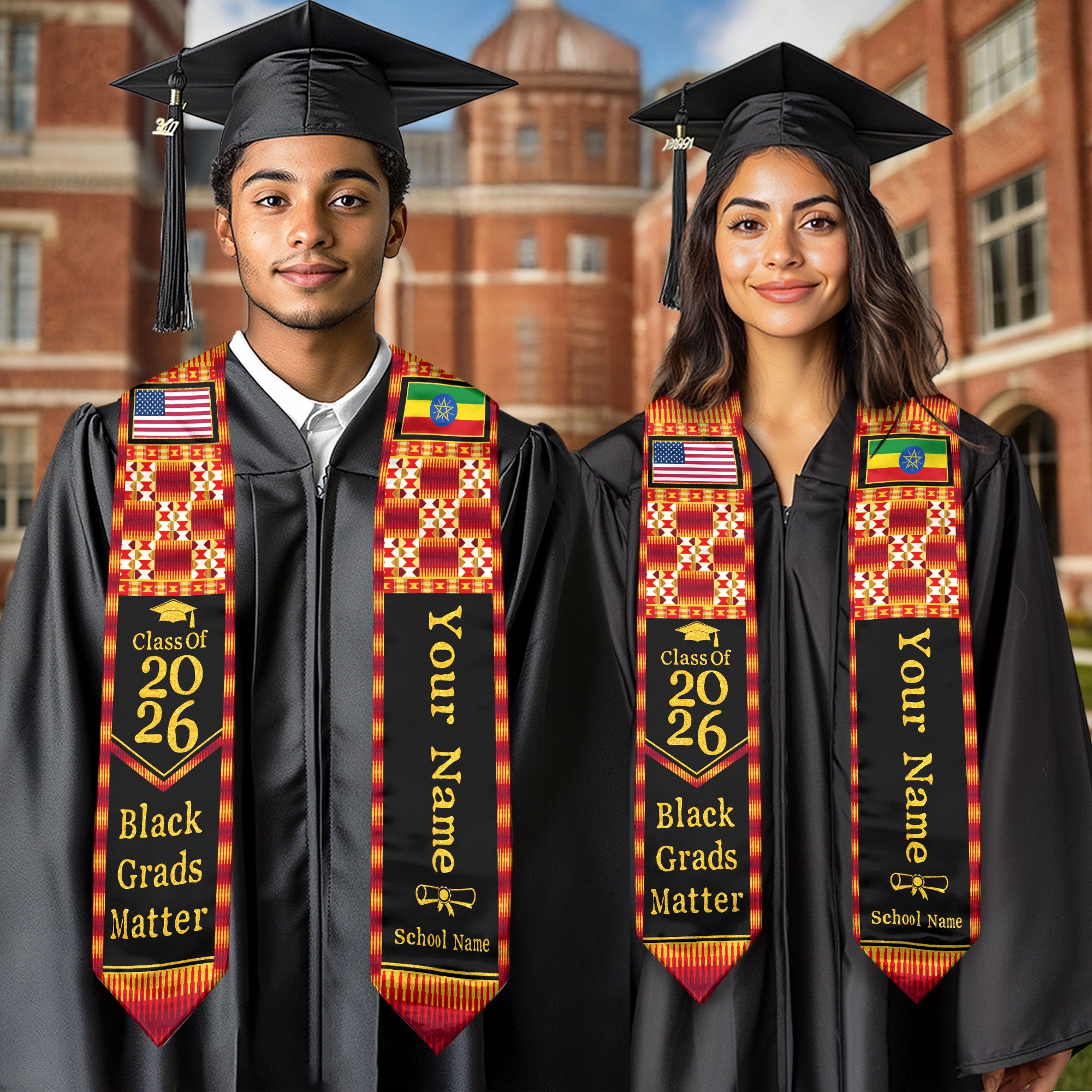 Customized Ethiopian Graduation Sash with Flag Identity Theme, Ceremony Stole Class of 2026