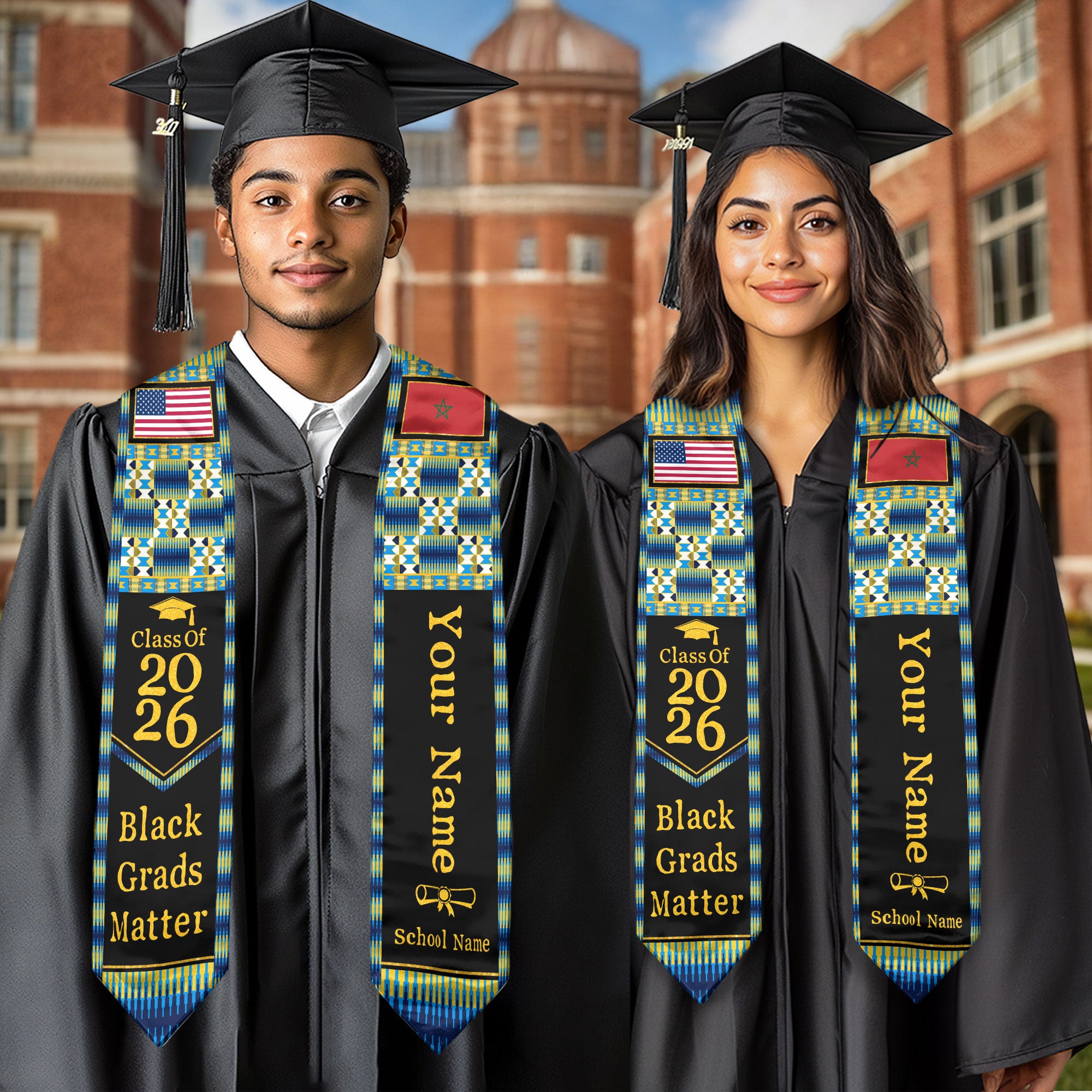 Customized Morocco Graduation Stole with Moroccan Flag Heritage Pattern, Graduation Sash Class of 2026