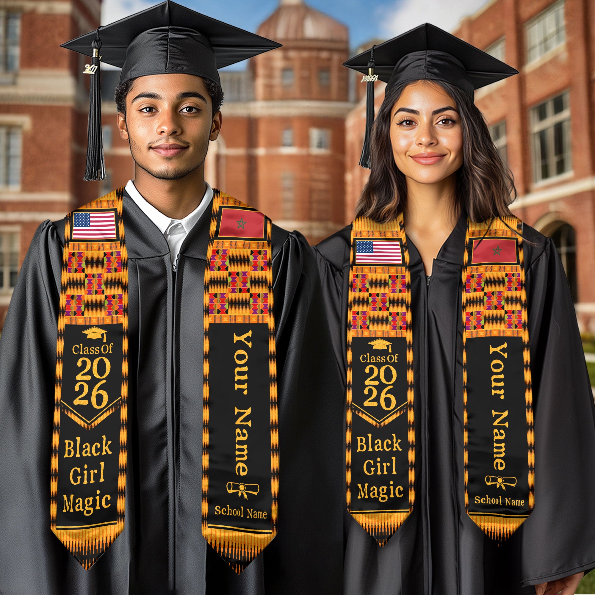 Customized Graduation Stole Morocco Showcasing Cultural Flag Design, Graduation Sash Class of 2026