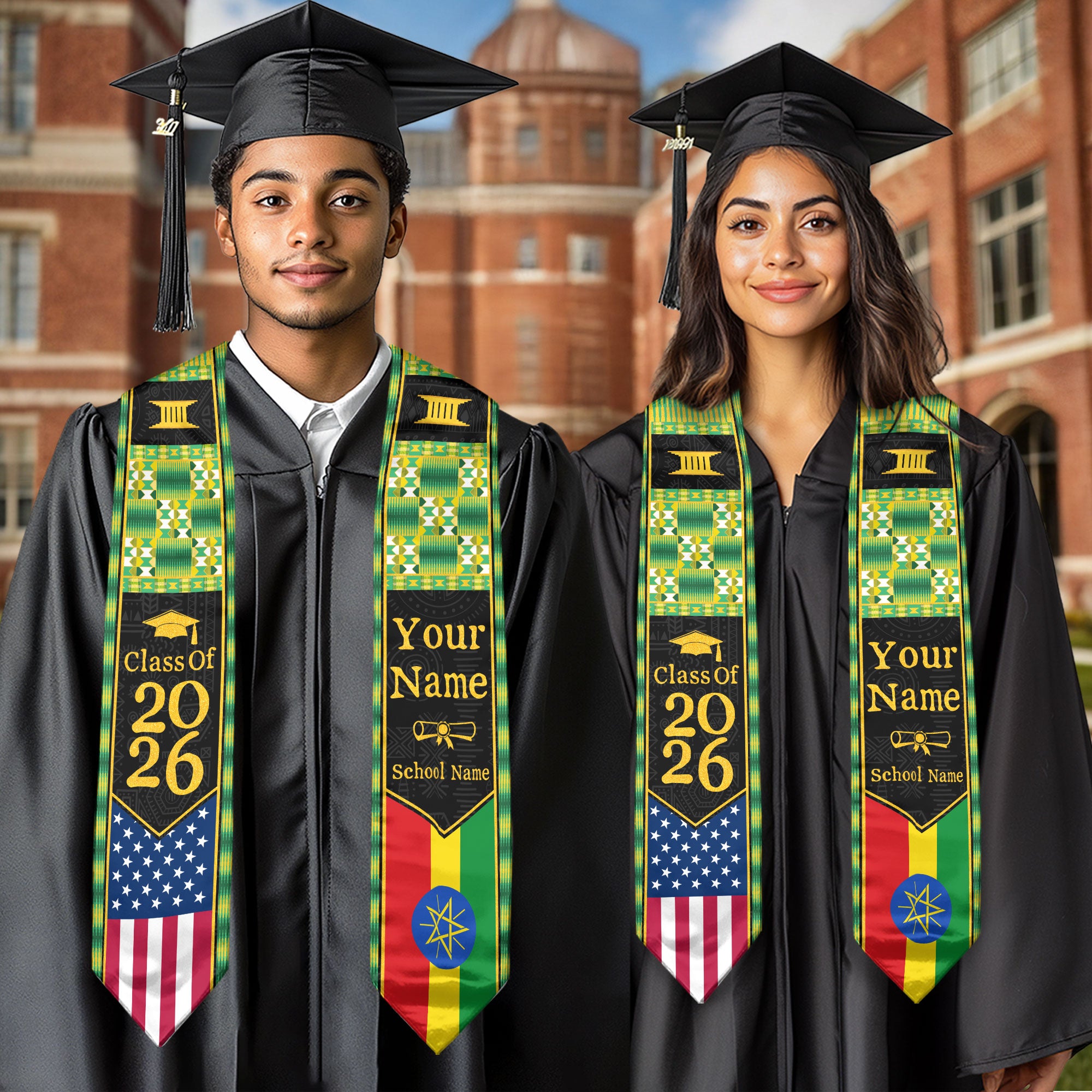 Customized Ethiopian Graduation Stole with National Flag Inspired Design, Graduation Sash 2026