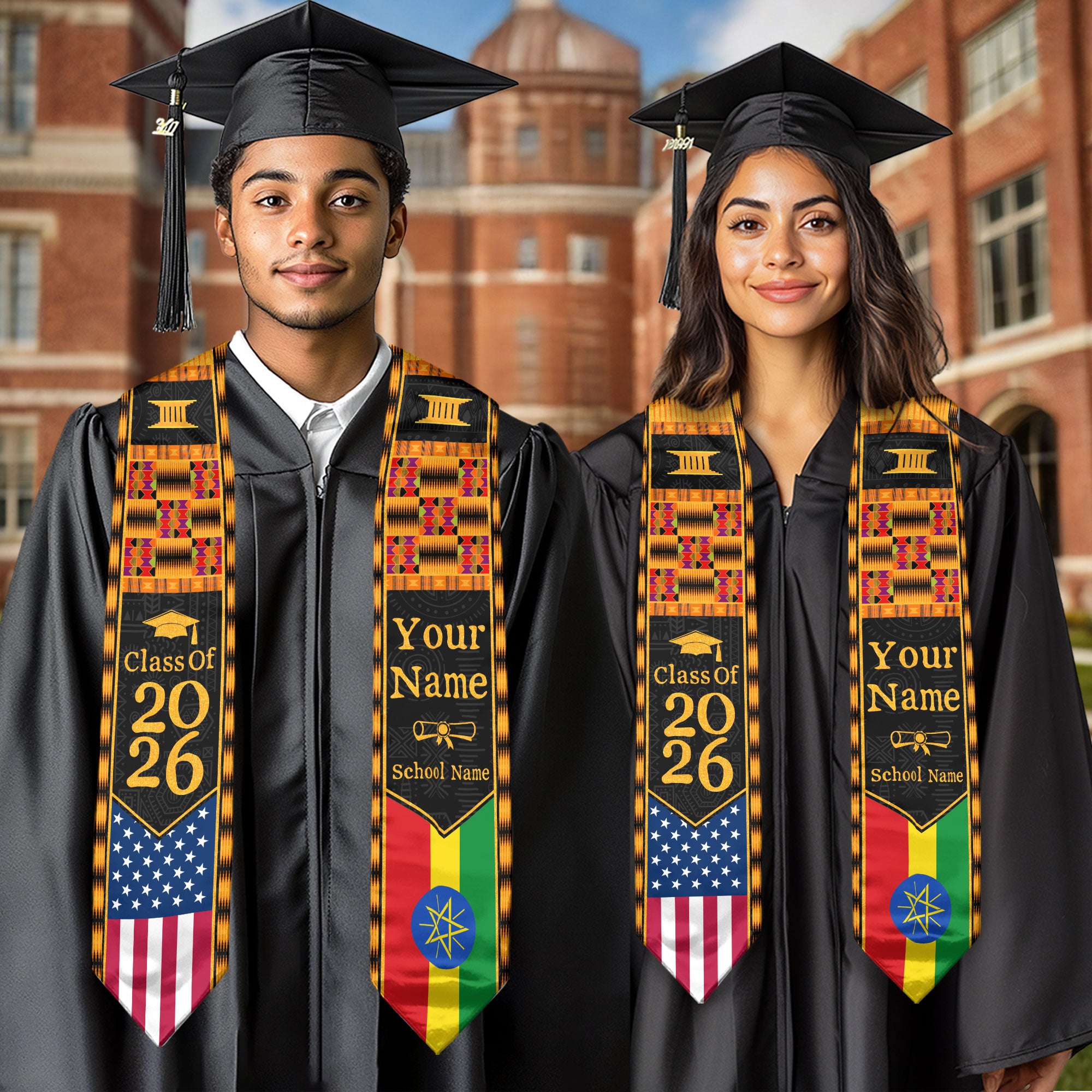 Customized Graduation Stole Ethiopia Showcasing Cultural Flag Pride Motif, Graduation Sash Class of 2026
