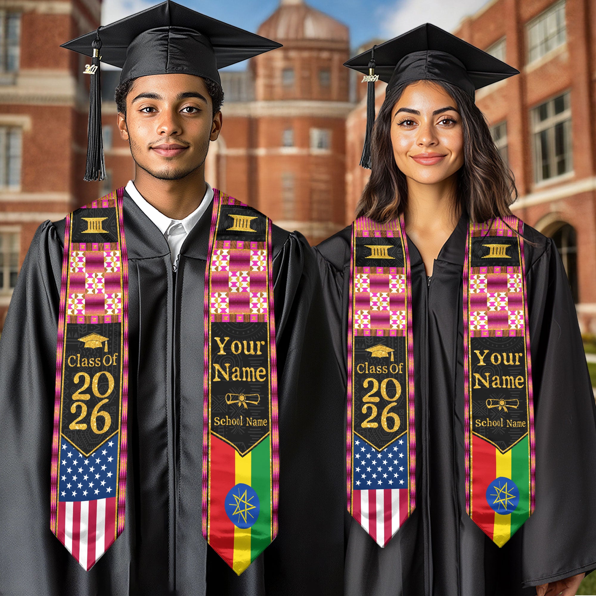 Customized Ethiopia Graduation Sash Highlighting Traditional Flag Accents, Ceremony Stole 2026
