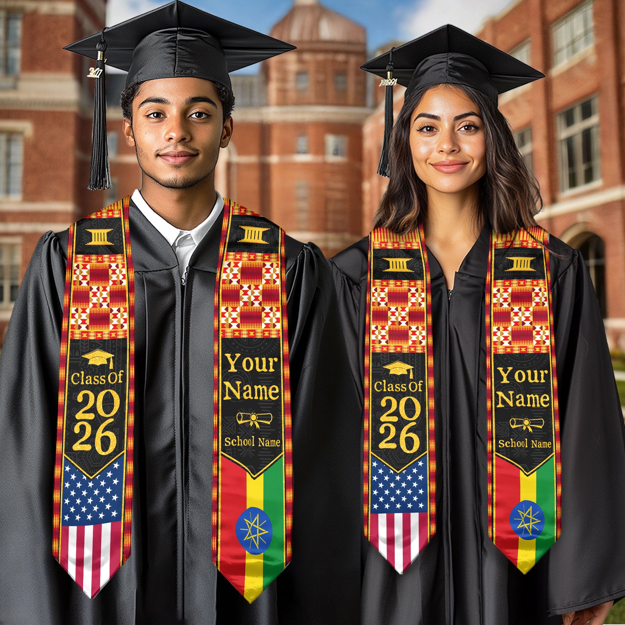 Customized Ethiopian Graduation Stole Featuring Flag Identity Pattern, Graduation Sash Class of 2026