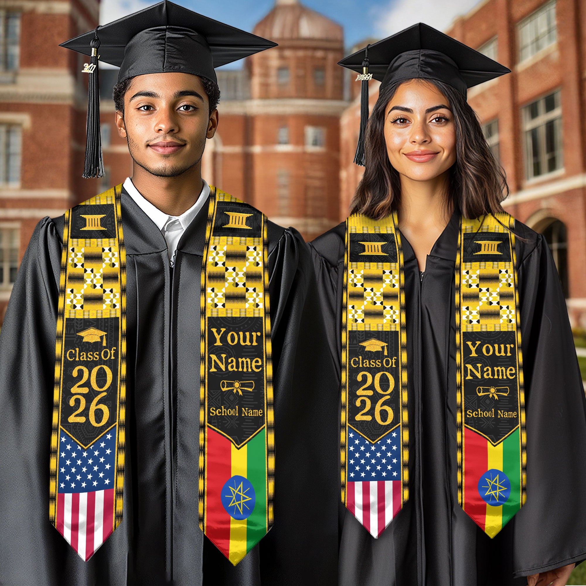 Customized Ethiopia Graduation Stole with Patriotic Flag Color Design, Graduation Sash 2026