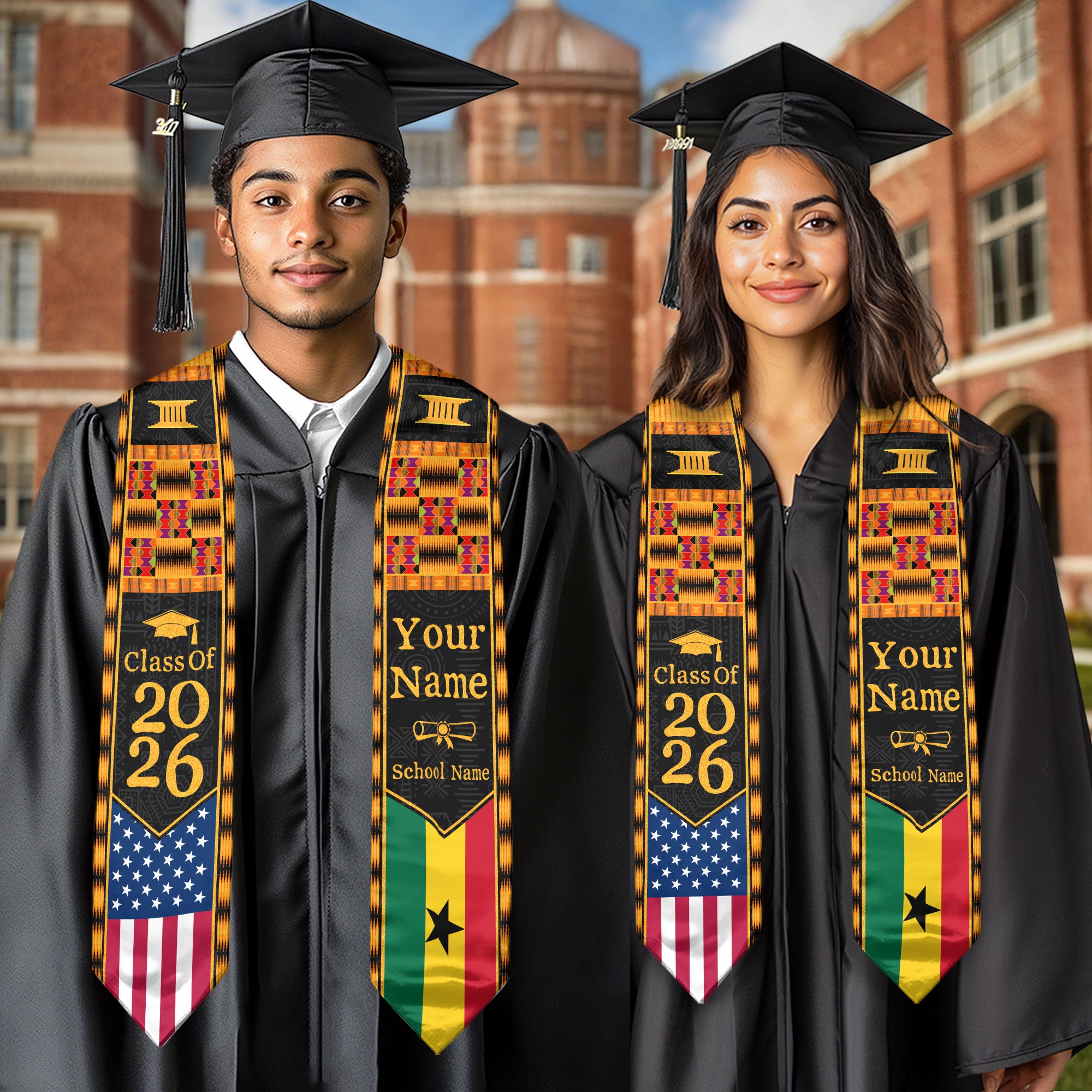 Customized Ghana Graduation Stole Showcasing Cultural Flag Pride Motif, Graduation Sash Class of 2026