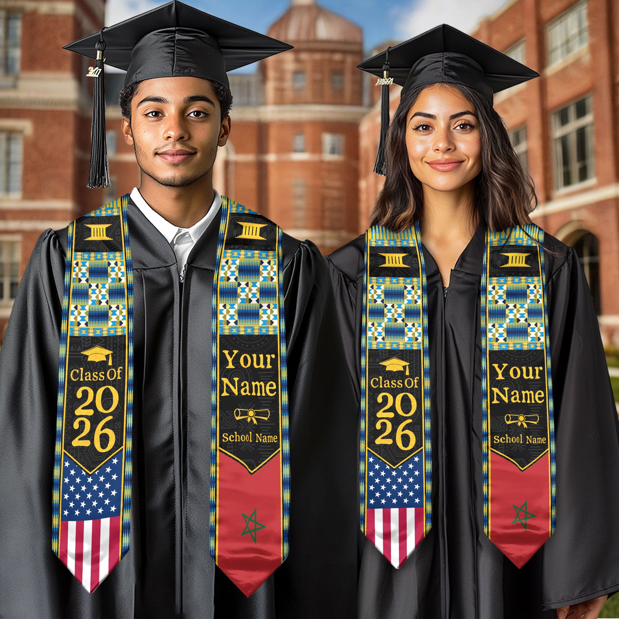 Customized Morocco Graduation Stole Featuring Moroccan Flag Heritage Pattern, Graduation Sash Class of 2026