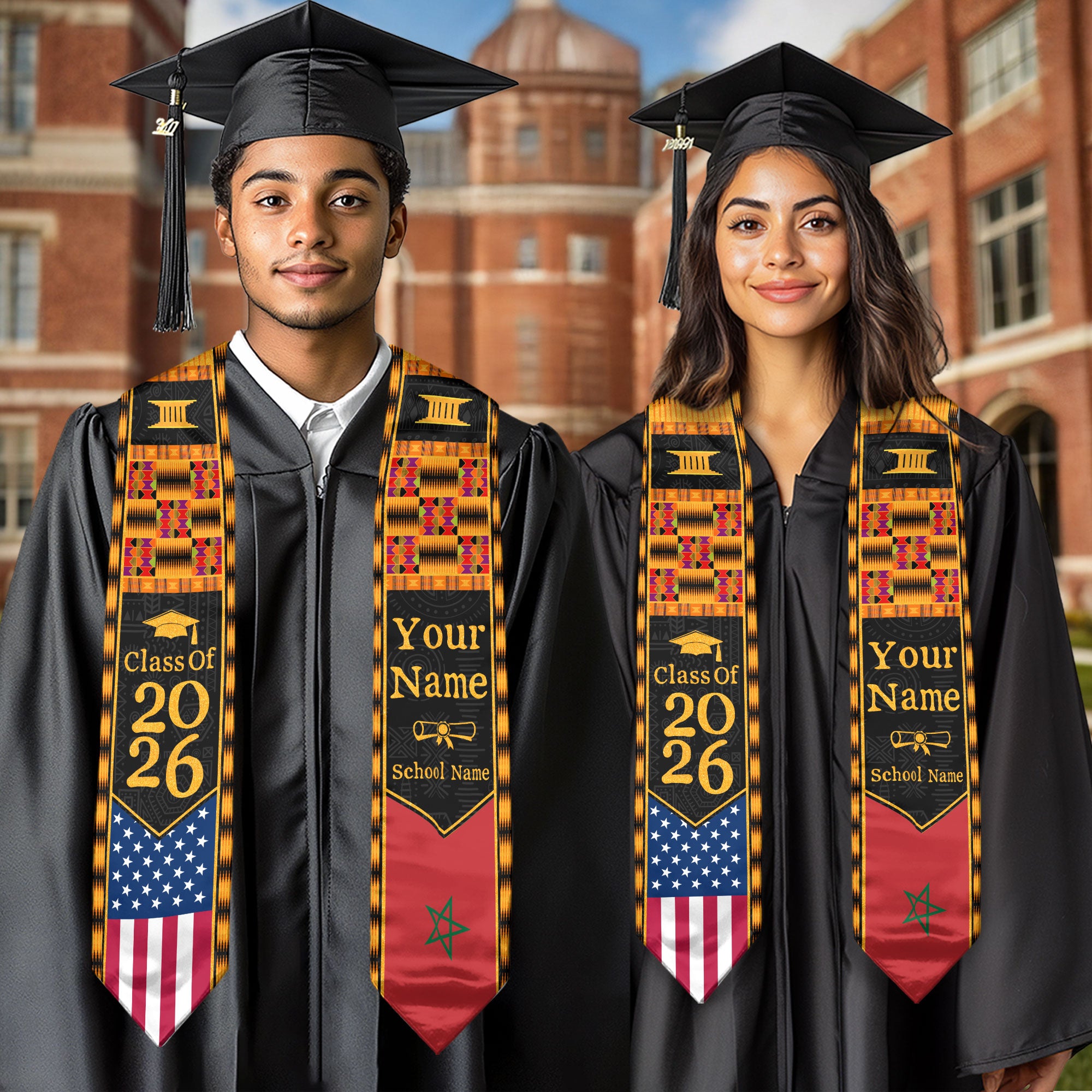 Customized Graduation Stole Morocco Showcasing Cultural Flag Motif, Graduation Sash Class of 2026