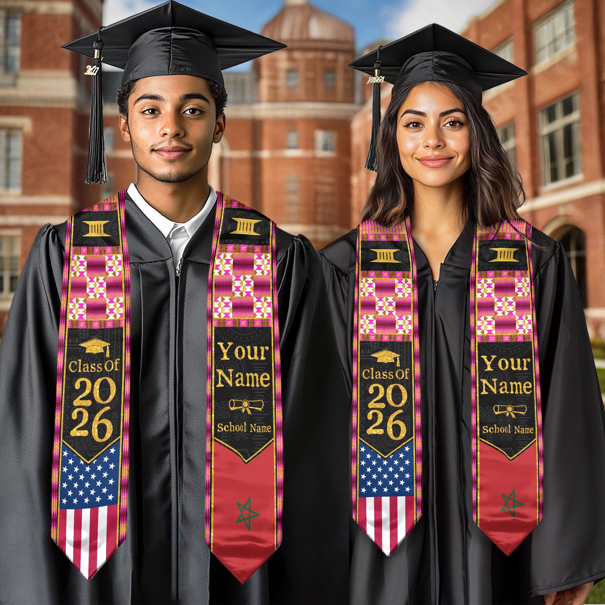Customized Morocco Graduation Sash Highlighting Traditional Flag Design, Ceremony Stole 2026