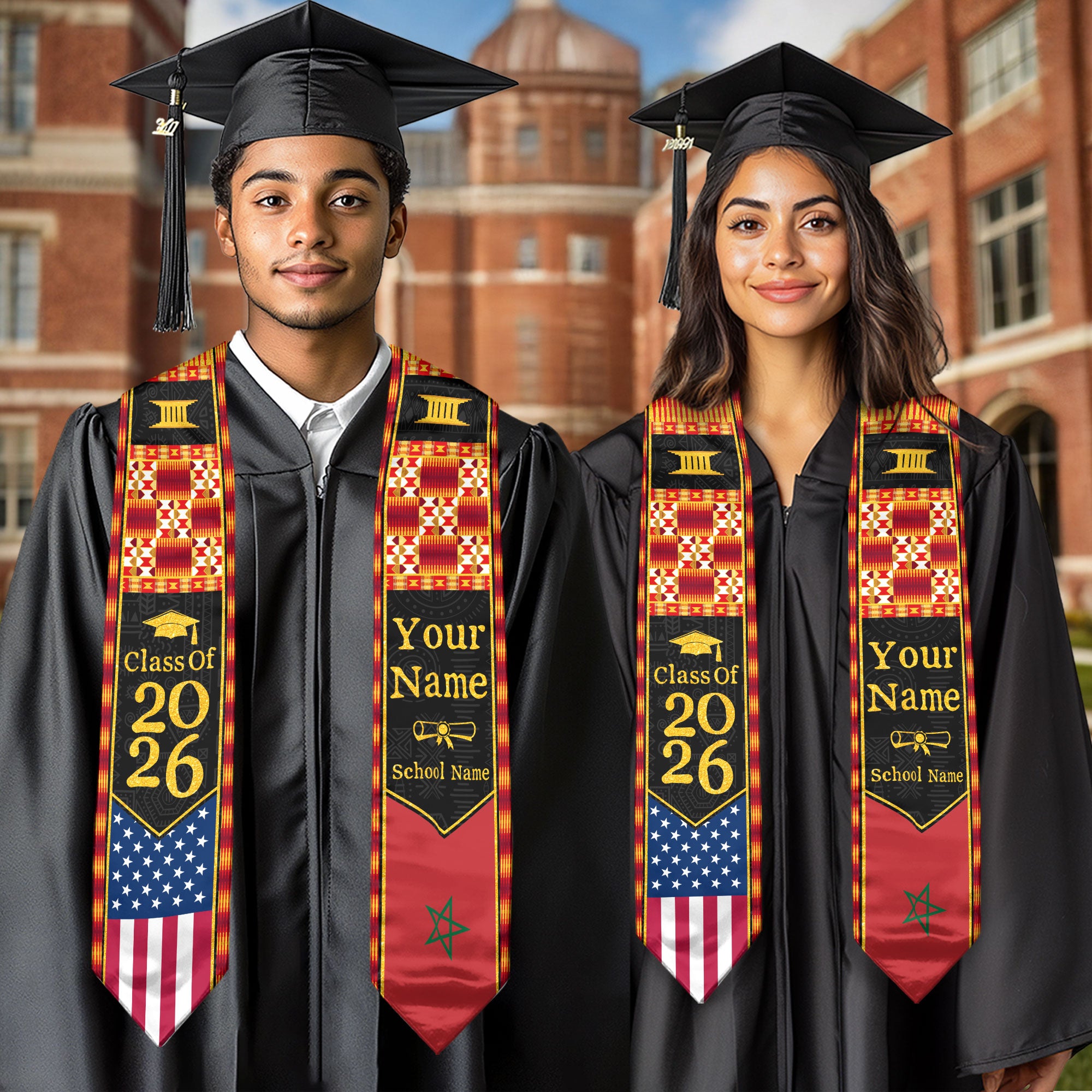 Customized Moroccan Graduation Stole Featuring Flag Pride Details, Graduation Sash Class of 2026