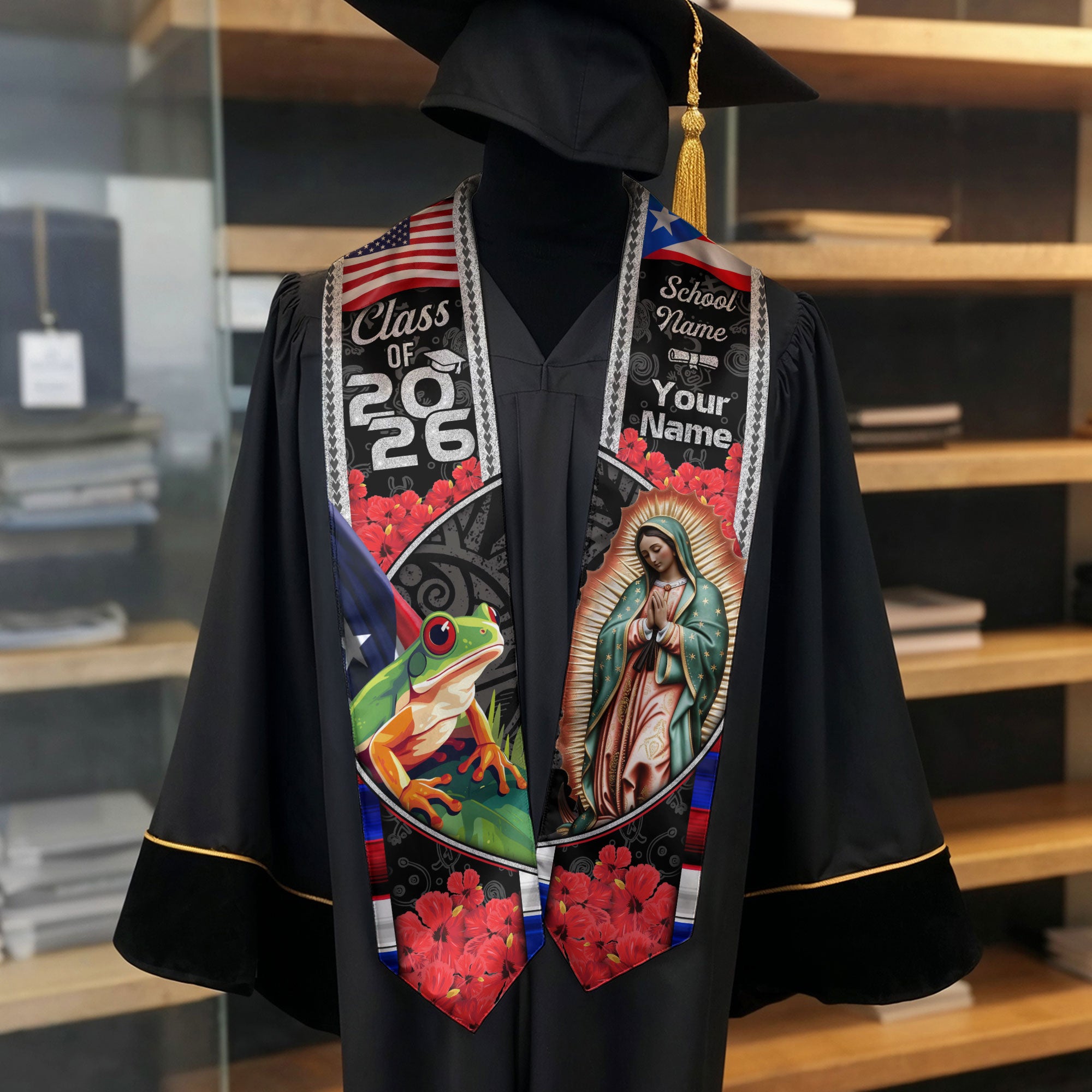 Puerto Rico Flag Graduation Stole 2026, Puerto Rican Grad Sash, Custom Finish for Grads
